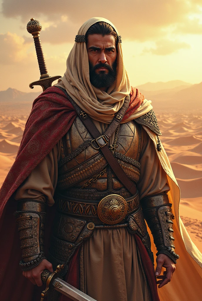 Step into the world of valor and courage with a captivating prompt featuring an Arab soldier wielding a gleaming sword. This evocative image depicts the soldier in the midst of an epic battle, standing tall and resolute. Clad in traditional armor that reflects the rich history and culture of the Arab region, the soldier exudes an aura of strength and determination.

The sword, held firmly in the soldier's hand, catches the light and glints with a sense of purpose. Its blade, carefully crafted with intricate details, symbolizes the soldier's unwavering commitment to protect and defend. With a backdrop of desert landscapes or ancient ruins, this scene immerses you in the timeless heritage of the Arab warriors.