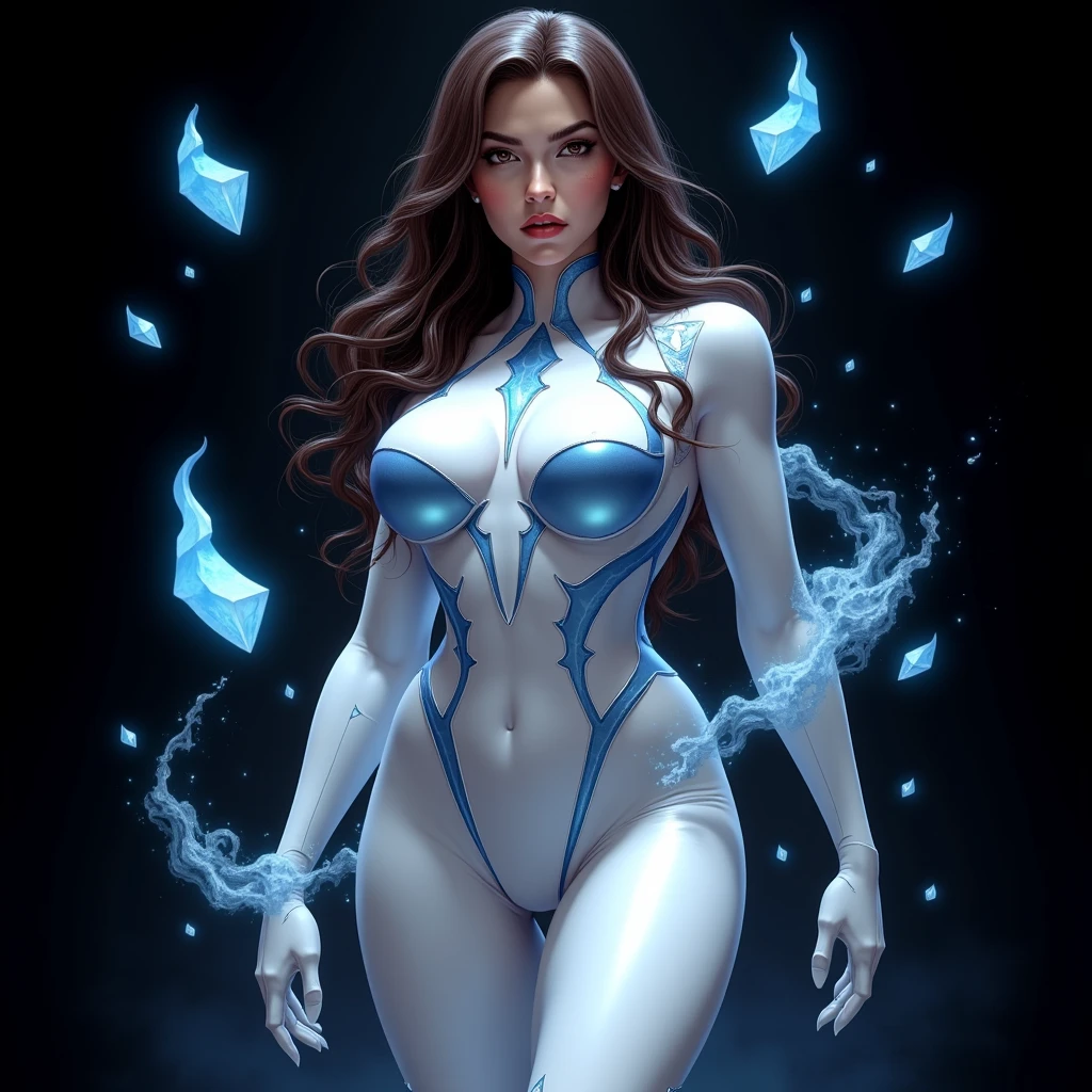 (a statue of a girl carved from ice, the body is completely transparent:1.6),(glowing fluorescent effect),sexy Korean idol face,wavy hair,from below,(upper thighs shot),