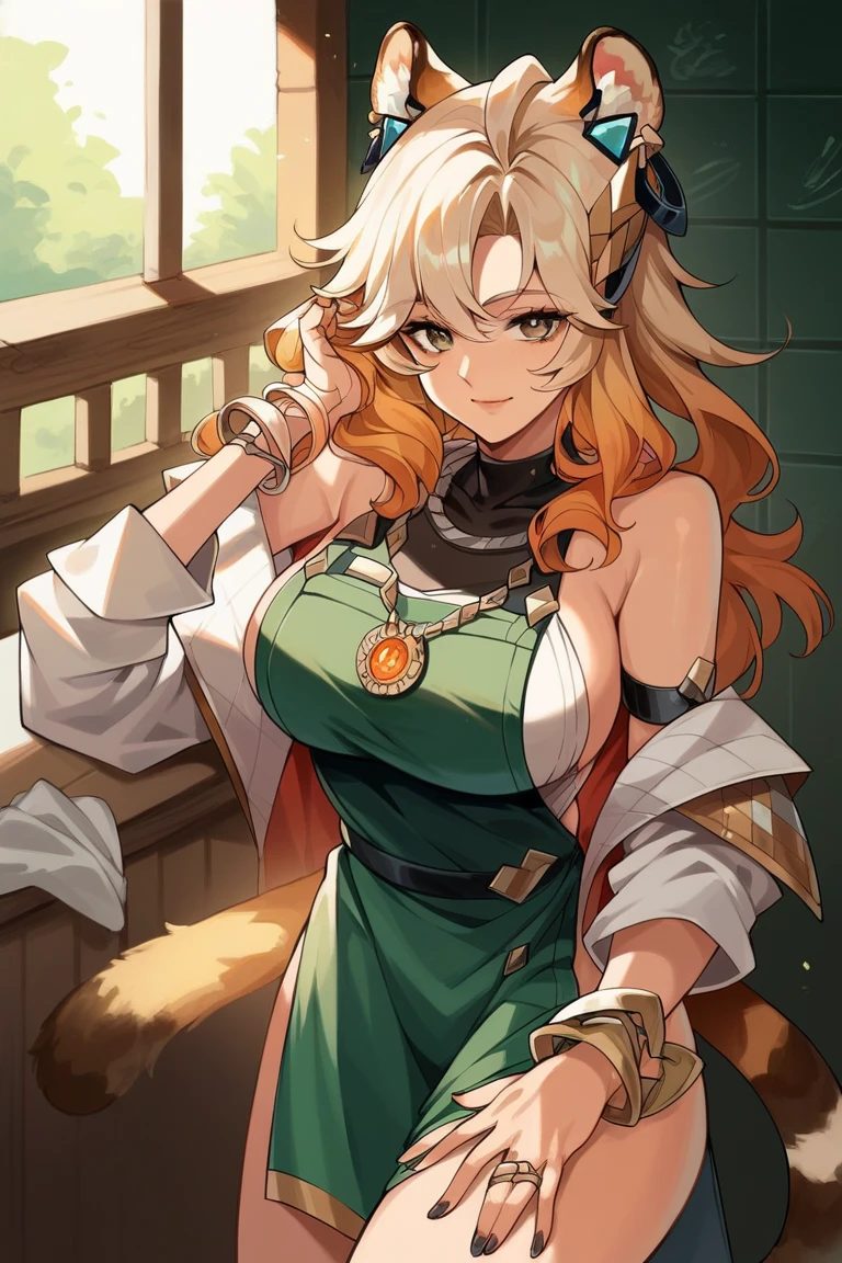 1girl, detailed, masterpiece,HDR, detailed sharp, best quality, 
solo, 
comic style, lineart, 
green dress, sleeveless, sash, shawl, detached sleeves, 
large breasts,
Vilga, blonde hair, short hair, red eyes, lipstick, bangs, 
 <lora:Vilga_v01-000002:0.80>