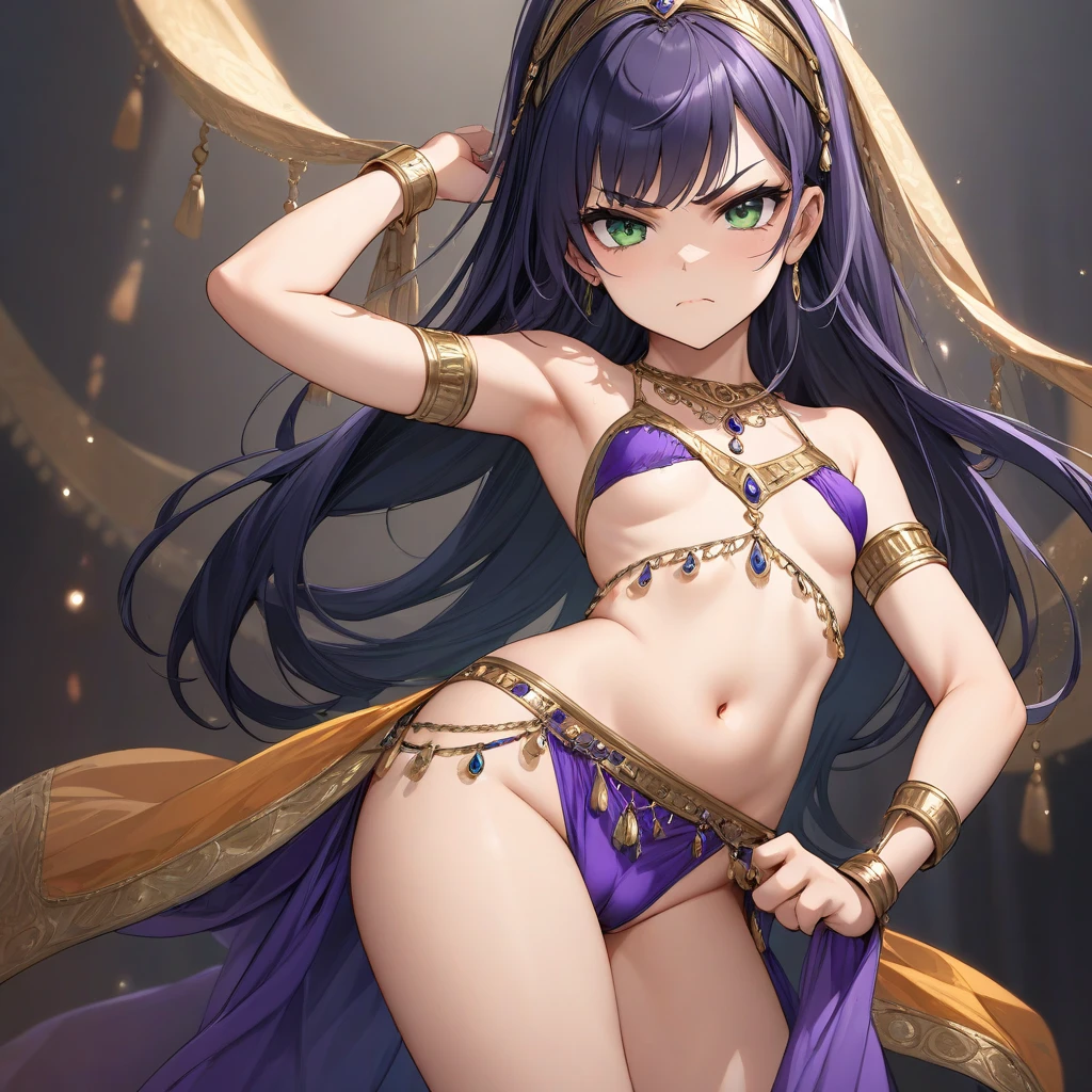 girl, purple hair, long hair, happy expression, best quality, belly dancer out fit, night time theme, navel showing, armpit showing, pool side setting, arms behind head,