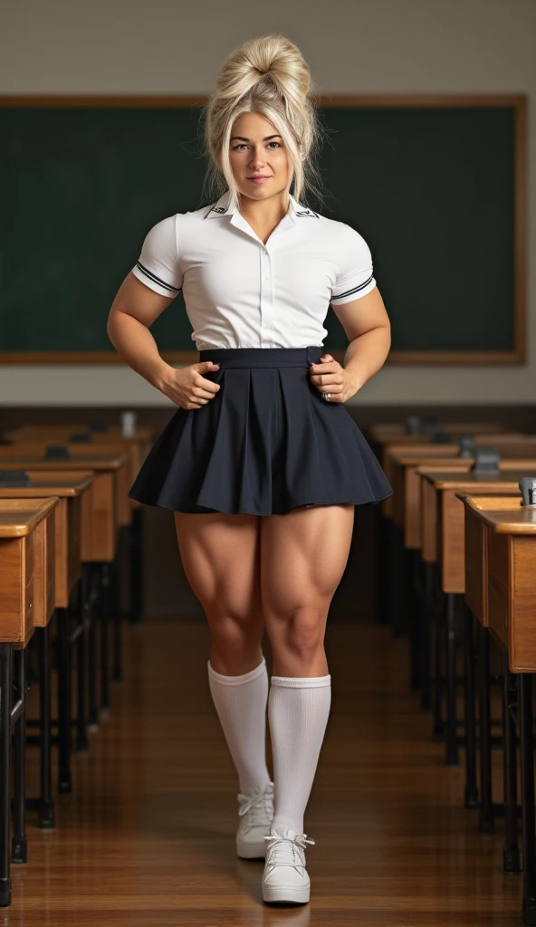 60 year old Resident evil, Viewed from below, dtamatic lighting, Ms Olympia giant ronda rousey, kelly brook, photoshoot studio quality lighting, heavily muscled iffb pro female bodybuilder , humongous muscular chest,((school uniforms:1.4)) ( ((high school)),((white shirt)), ((red tie)), ((dark blue leather skirt:1.3)) ((in the class room:1.3)) ((thin_fabric:1.4)) ((random pose:1.3)) ((sweaty:1.5))((face is flushed:1.4)) ((big muscles:1.4)) ((close-up:1.2)) best quality,masterpiece,ultra high res,(photorealistic:1.4),raw photo,(Authentic skin texture:1.3),(film grain:1.3),panorama,character portrait,very wide shot,narrow waist,cowboy shot,(in the dark, deep shadow, low key, cold light,) night,streaming tears,,dust,Tyndall effect,(expression),beautiful detailed eyes and face,white jabot,brown eyes,((brown hair:1.2)) ((full body:1.3)) ((smile:1.3))