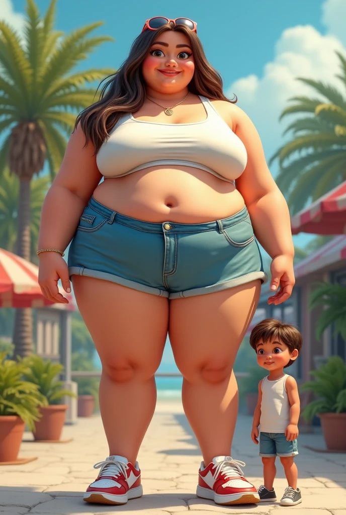 A brunette woman with big buttocks and medium tits, wide nose and small eyes, a little chubby, and very curly hair with bangs with a pet crocodile that has a purple and pink leash