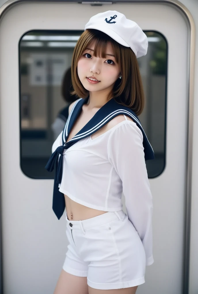 ((escalator))、lewd smile、(Realistic、Realistic:1.37)、(masterpiece)、(highest quality:1.4)、(超A high resolution:1.2)、(RAW Photos:1.2)、(Sharp focus:1.3)、(stand:1.2)、elegant、(Whole Body Ezbian:1.2)、(A girl in an elaborate sailor suit and pleated skirt:1.3)、16 years old、Very cute Japanese girl、(smile:1.3)、(Makes hair shine:1.3)、 Brown haired、Bobcut、 Short pleated skirt、
(Big Breasts:1.2), escalatorの下から撮影、Beautiful and delicate eyes、 View your viewers、escalatorの最下段から見上げるアングルで撮影、Secretly photographing underwear under a skirt、White panties:1.8