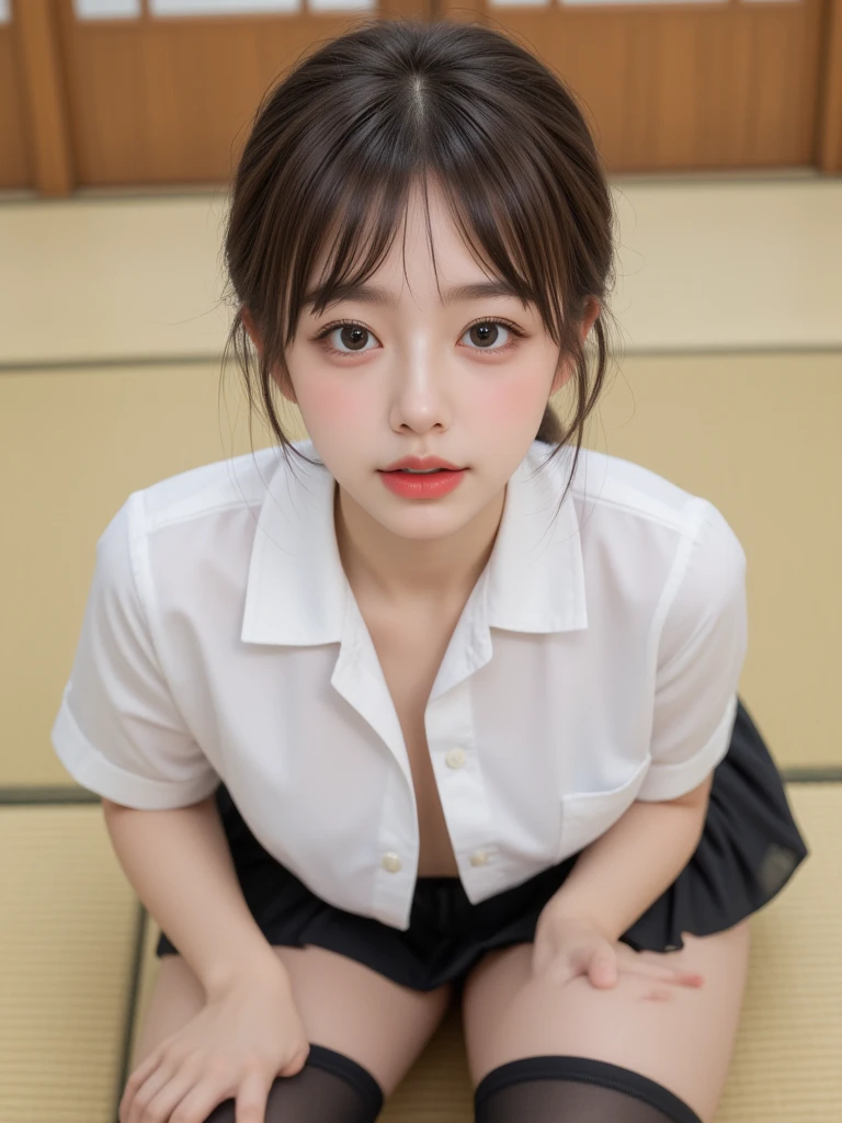 （(Secretary Uniform)), White blouse shirt with collar（open-shirt）, flat breast, String panties、president’s office, Wet crotch, A smile, (in 8K, Raw photography, top-quality, ​masterpiece: 1.2), ​masterpiece, The ultra-detailliert, 超A high resolution, (Realistic and realistic photos: 1.37), high-definition RAW color photography, extremely delicate and beautiful, ighly detailed, 8K Wallpapers, astonishing, detaileds, extremely detailed eye, highlydetailed skin, extremely detailed fingers, highly detailed nose, highly detail mouth, perfect anatomia,full body Esbian, a wet body,, Sheer feeling、Transparency（Nipple head visible on the shirt）、Extremely small panties（pubic hair sticks out）、sideways Facing