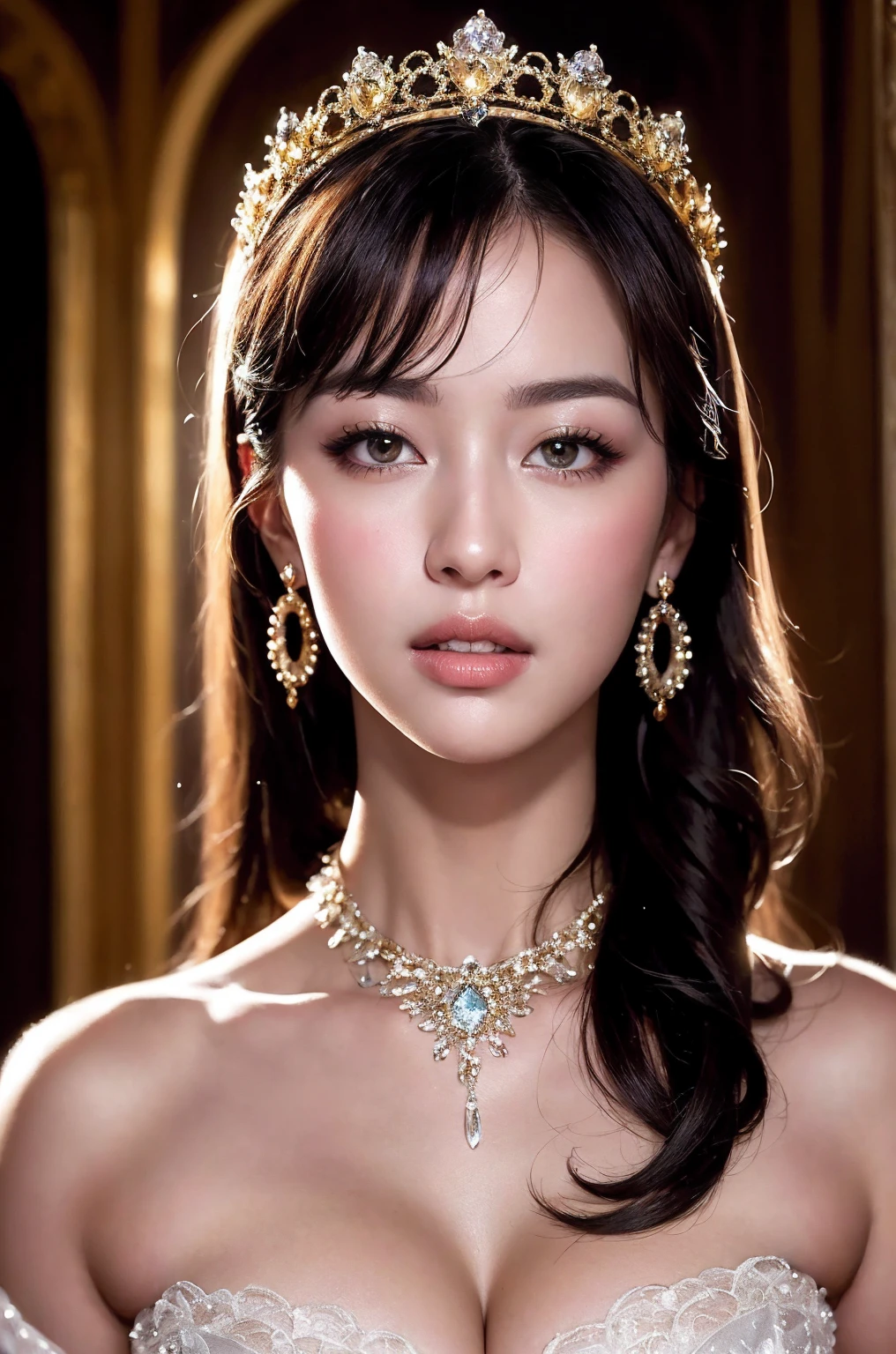 Best quality, masterpiece, high resolution, 1girl, clear silk porcelain dress, beautiful face, hair accessories, looking at the audience, smiling, close your mouth, lips, dress, hair accessories, necklaces, jewelry, long hair, earrings, beautiful face, on the body, Tindal effect, realism, dark studio, edge lighting, two-tone lighting, (high detail skin: 1.2), 8k UHD, DSLR, soft light, high quality, volumetric lighting, photo, high resolution 4K, 8k, blurred background