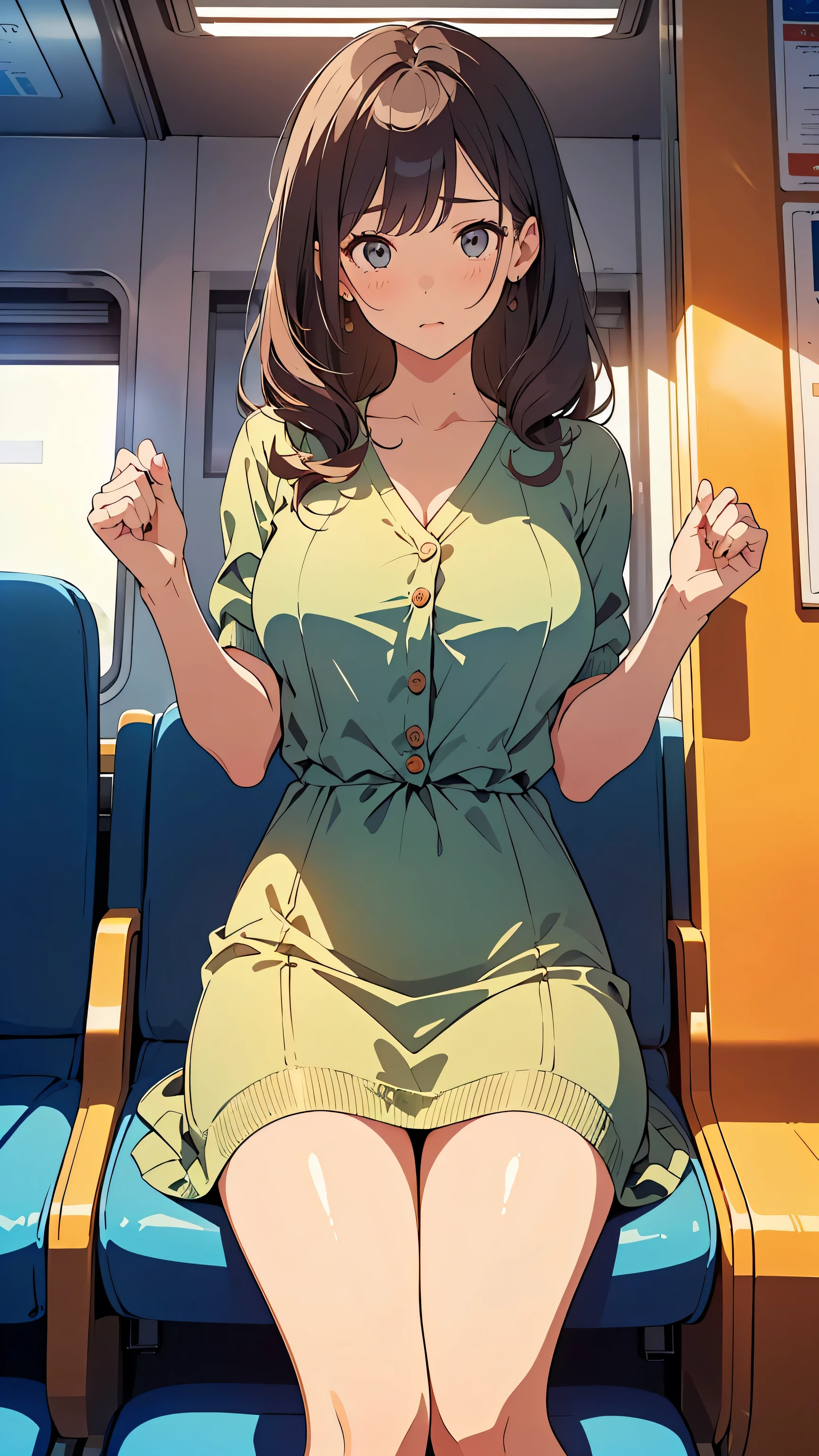 masterpiece, top quality, This is an illustration of a train, Nostalgic Photos:1.5, (( image outlined with very thin lines :1.3)), very accurate, fine sections , High Resolution, 8k Wallpaper, SLR camera covering the waist of a skirt with your hand on an empty train, perfect dynamic configuration, Detailed facial expression , Beautiful eyes down to the smallest detail , ( cute, dress, one-piece dress, dress, Simple Pattern:1.3), cute cardigans , (Spring Outfits), ( slightly longer hair, shiny hair,Loose hair, curly hair), ( big natural breasts ), (28-year-old woman, Neat, Cool:1.3), (embarrassed expression), natural colored lips, (train:1.3), thighs, from above, sitting on a train seat:1.5,