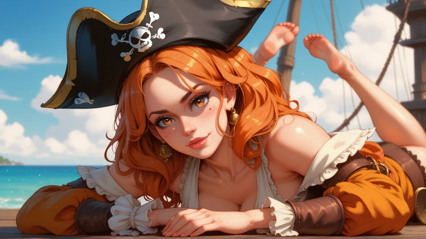 (((masterpiece+best quality+high resolution+ultra-detailed))), 1girl with clima-tact, Nami from One Piece, long silky orange hair, high nose, sharp eyes, noble and inviolable temperament, (([female]: 1.2 + [beauty]: 1.2 + orange long hair: 1.2)), pirate ship background, blue sky, clouds, log pose, gold bracelets, revealing green and white bikini halter top, tight low-rider jeans, shoulder tattoo, bright eyes, dynamic angle and posture. --auto --s2
