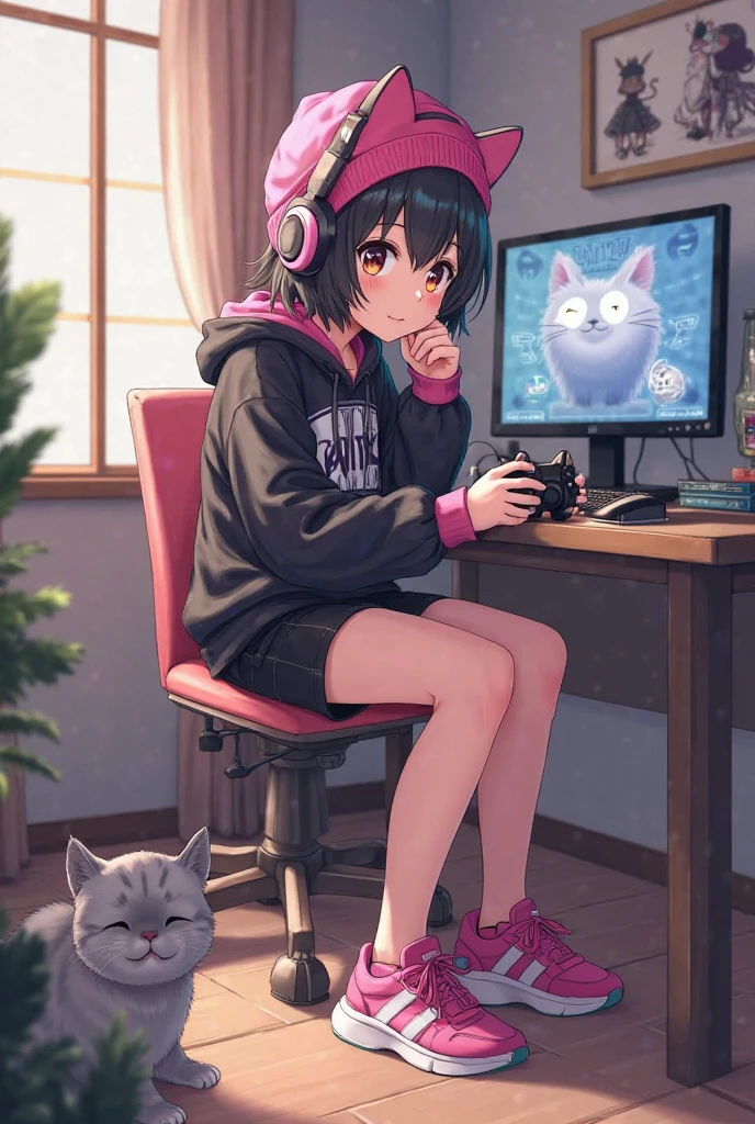 Please draw a scene of Kawaii playing a video game.。With a smile、Sitting on the couch with a game controller in hand、I have headphones on。In the background, a cozy room is depicted.、You can see the game monitor and decorations。Dressed casually、The colours used throughout the room create a bright and cheerful atmosphere.。