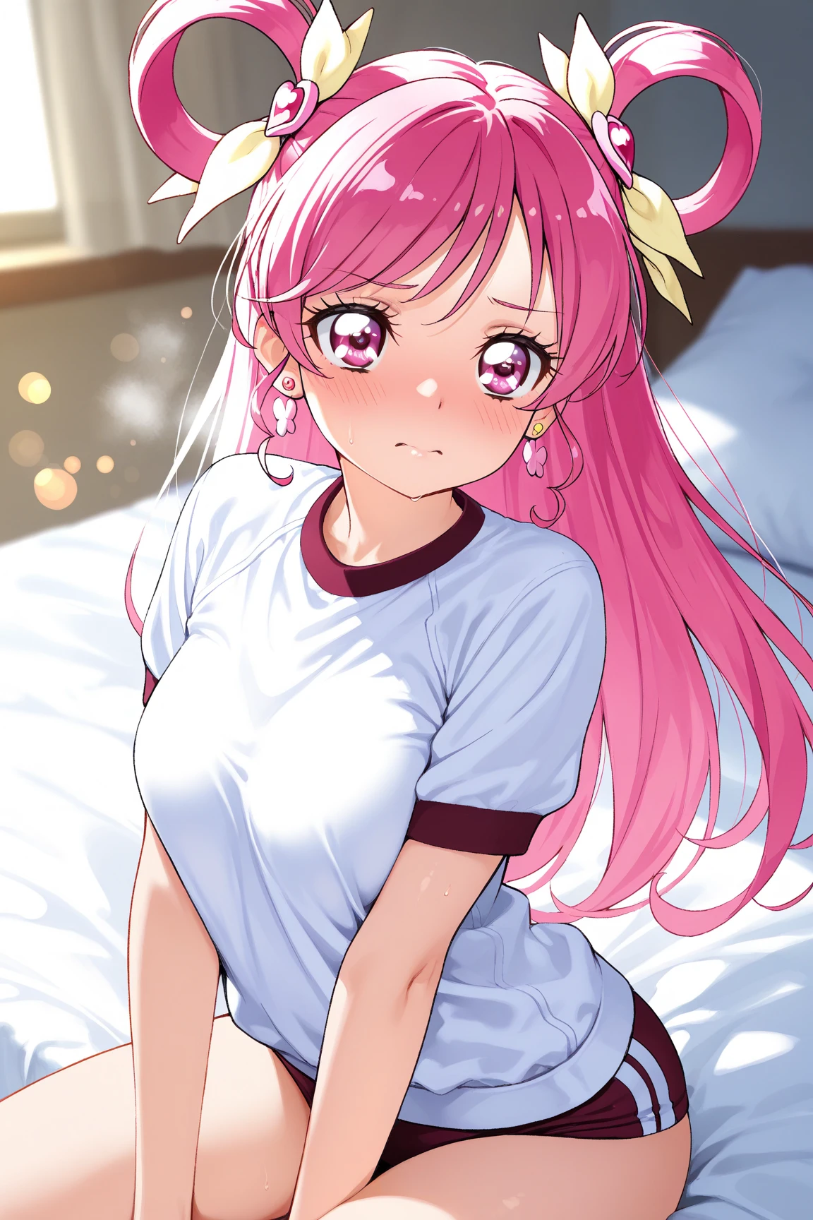 (masterpiece、highest quality、Super detailed)、((One girl))、((Pink Hair))、((Twin tails))、((Light blue eyes))、smile、Earrings、((Very large breasts))、((pink pajamas))、((thighs))、wariza、whole body、On the bed、Bedroom Background、Shoot from above