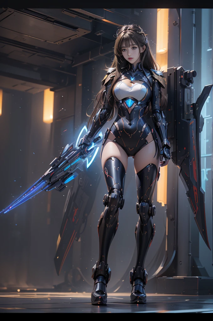 best quality, 8k, photography, beautiful eyes, detailed eyes, giant 3d printer, weapon market, neon light, starry night, 1girl, cyborg, fullbody, perfect body, chasing by cyborg enemies, medium breast, top viewer,  