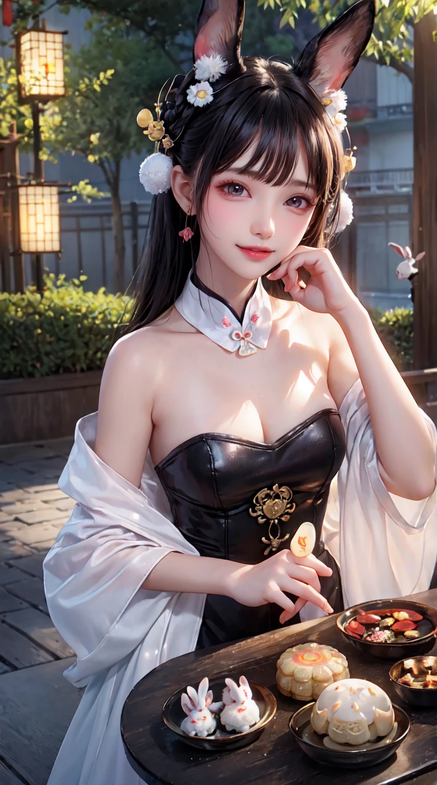 small head, (perfect bodies: 1.1), (short-length straight black short hair: 1.2), （Extremely detailed CG 8k wallpaper），（Extremely refined and beautiful），（masterpiece），（best qualtiy：1.0），（Ultra-high resolution：1.0），[A high resolution],a girl,(chang'e:1.5),fairy,cheerfulness，Smile，Smooth and flawless fair skin，ultra - detailed,(Small breasts:1.1),Flat chest,Slim,thin,(gorgeous white pink transparent princess Hanfu:1.4),(Chinese ancient costume:1.3), (Pink belly pocket:1.3),jewels,Necklaces, earrings, rings, bracelets,（In a luxurious Chinese palace:1.3）,night sky,(A huge moon as the background:1.5),from front，(Close shot:1.3),cowboy shot,(upper body:1.5),bare shoulder,shoulder off,bare breasts,bare back,Charming collarbone,cleavage,navel,Slender legs, white stockings,（Hugging a white rabbit in arms:1.6）,(A detailed white rabbit:1.4),Portrait photo