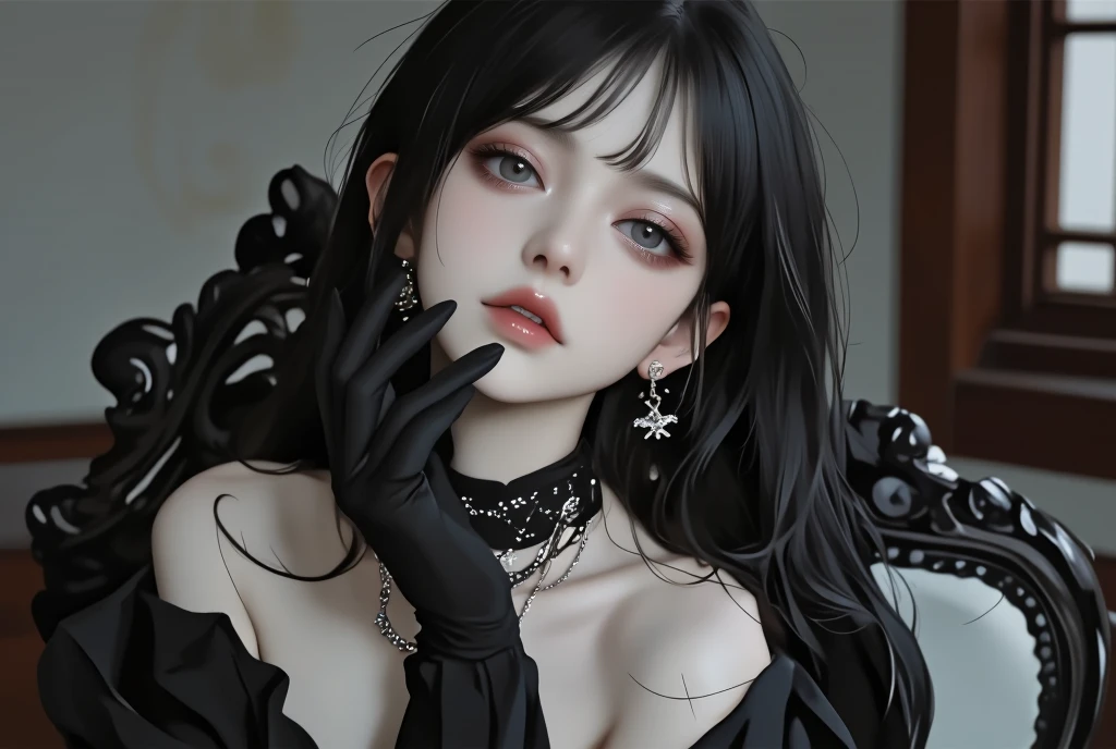 una mujer con cabello largo y ????? con un vestido negro y aretes, Obras de arte al estilo de Guweiz, Guweiz, cruel korean goth girl, in the art style of bowater, 1 7 - year - old anime goth girl, Chica anime con un vestido ?????, Anime style. 8k, digital anime illustration, con cabello largo y ojos penetrantes