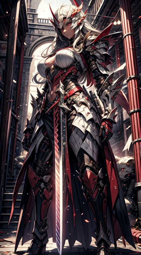 in front of church,an oriental goddess,Lupus,Long silver hair,Big breasts,Perfect proportions for the body,穿著黑色Lupus聖鬥衣,Holding the broad sword tightly with both hands.Magic runes carved on the sword,8k,Movie Special Effects,movie lighting,Realism(1:0)