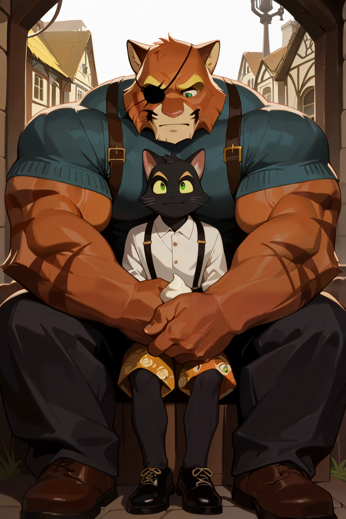 duo, 2boys, muscular, (viktor vasco, Viktor[lackadaisy], Angry, Viktor Vasko[lackadaisy], pants, suspender, black eyepatch, orange fur, orange body, yellow pattern, cream pattern, 1920s styled clothing, stripes, green eyes, large eyebrows, eyebrows, yellow eyebrows.) very huge pectoral, shorts, tshirt, sitting with a guy (male furry black cat, old man, old, muscular):1.3, steampunk, village, detailed face, happy, detailed eyes, wide shoulder, thick arms, wide pectoral, muscle, detailed eyes, focus eyes, shirtless, masterpiece, semirealistic:1.2, high detailed, 8k, high resolution