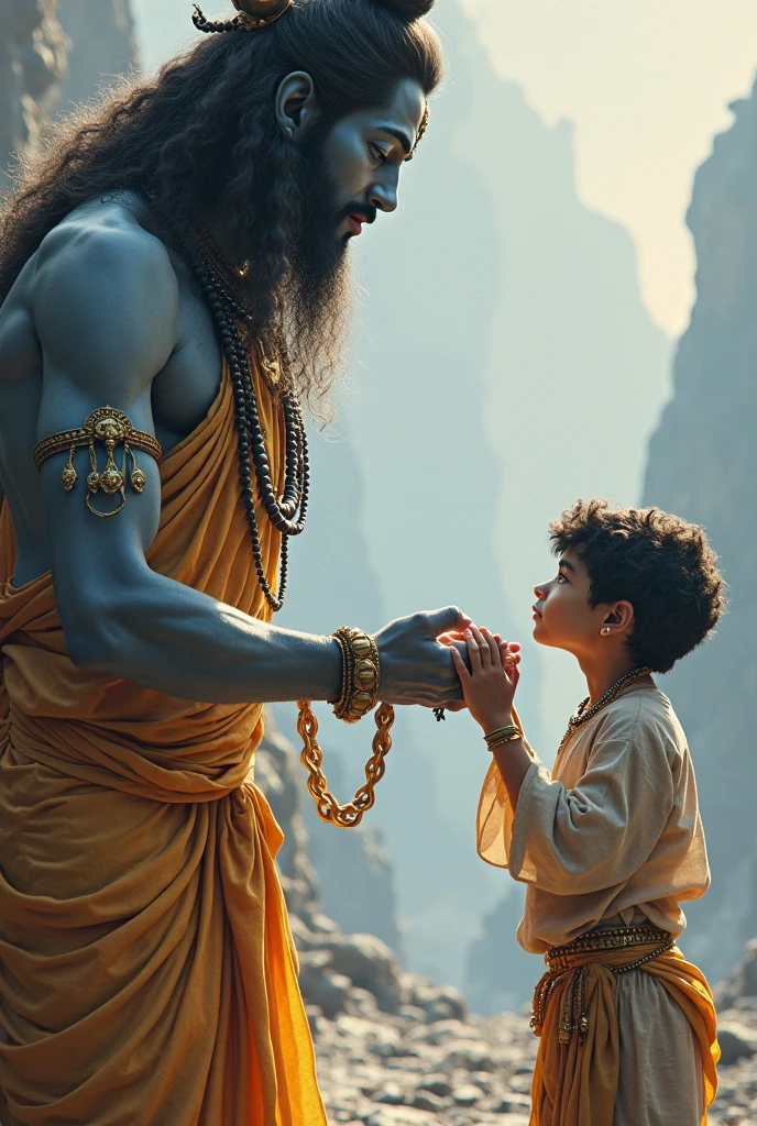 One boy tshirt write Avadh he is 16 years boy sit and see at lord hanuman and lord hanuman blessed me with his hand