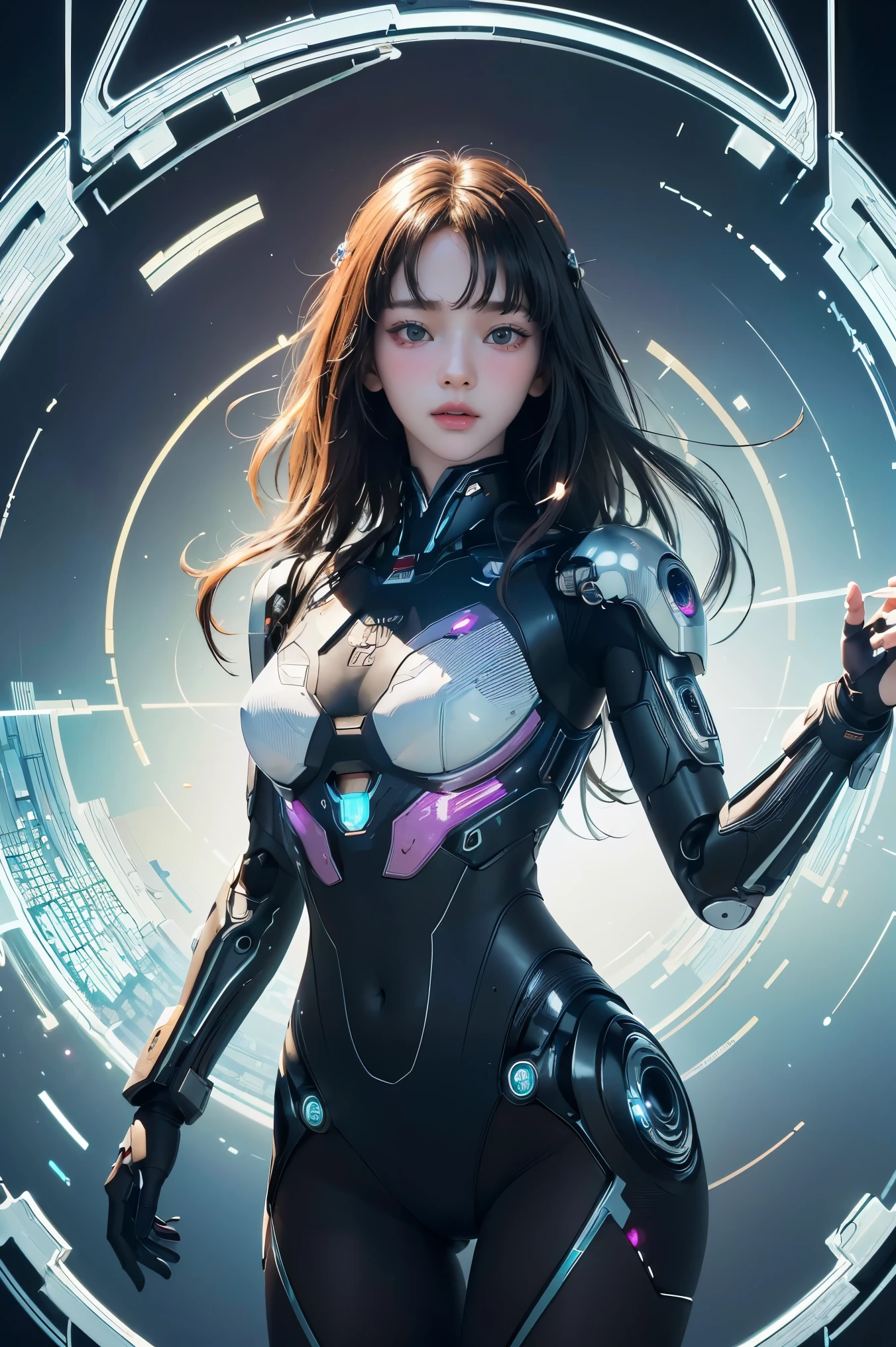 (masterpiece, top quality, best quality, official art, beautiful and aesthetic:1.2), (1girl), (fractal art:1.2),absurdres, highres, ultra detailed, Ultra-precise depiction, solo, (zentangle:1.2), floating hair, shiny skin, (abstract:1.2), pantyhose,looking at viewer, cyberpunk robot, complex robot, halo,