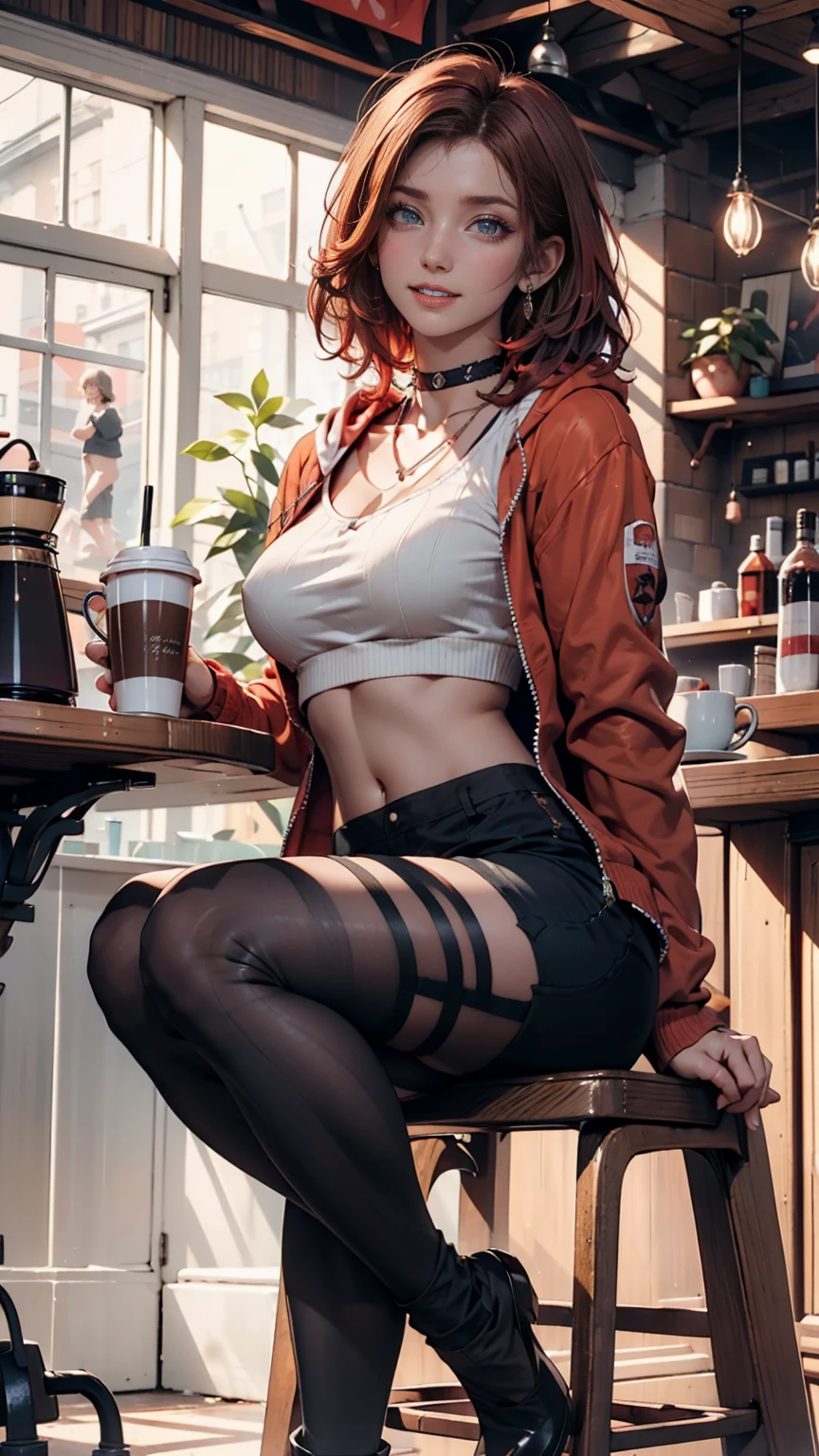 1 white girl, redhead, up hairstyle, Streaks of hair on the face, red eyes, mascara, oversized hoodie, abdomen, hot pants, tights, laced tights, bags under eyes, sitting, coffee shop, Ground Angle Shots, Viewer Looking Up, feet in tights, saggy breasts, impact, Raw photo, 8K, masterpiece、My abs are cracked、Smart but slim muscular body、smile