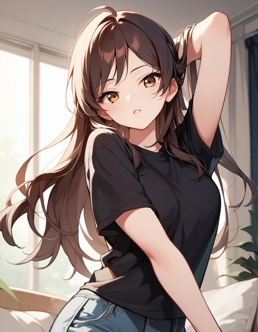 (highest quality, 4k, High resolution, masterpiece:1.2), Super detailed, (anime style, photorealistic:1.37), cinematic light, Bright colors and mesmerizing effects, Soft and delicate lighting, gentle shine, Lens flare, Beautiful and gentle atmosphere throughout the scene, (1girl:1.5), joven, (Cara finamente detallada:1.4, Ropa detallada), (Detallado:1.4) named (Eimi Fukada:1.1) BREAK Cara hermosa, Profundidad de campo, Agregar capa, hiperrealista, 27 years old, Modelo de cuerpo perfecto, senos perfectos, 175cm de altura, pose sexy, full body, cuerpo completo, Tipo de cuerpo del modelo, BREAK (white tight crop top:1.3), (light blue leggings:1.3), (Cabello largo:1.2), (brunette:1.1), dark brown hair, pony tail, doble parpado, (reddish brown eyes:2) BREAK Kneeling:1.5, black socks, Hands between the crotches, cowboy shot, shiny skin, perfect fingers, five fingers, anatomically correct, background bokeh, 135㎜, f/2.8, photo shoot,  sitting on stairs, v, looking at viewer, smile