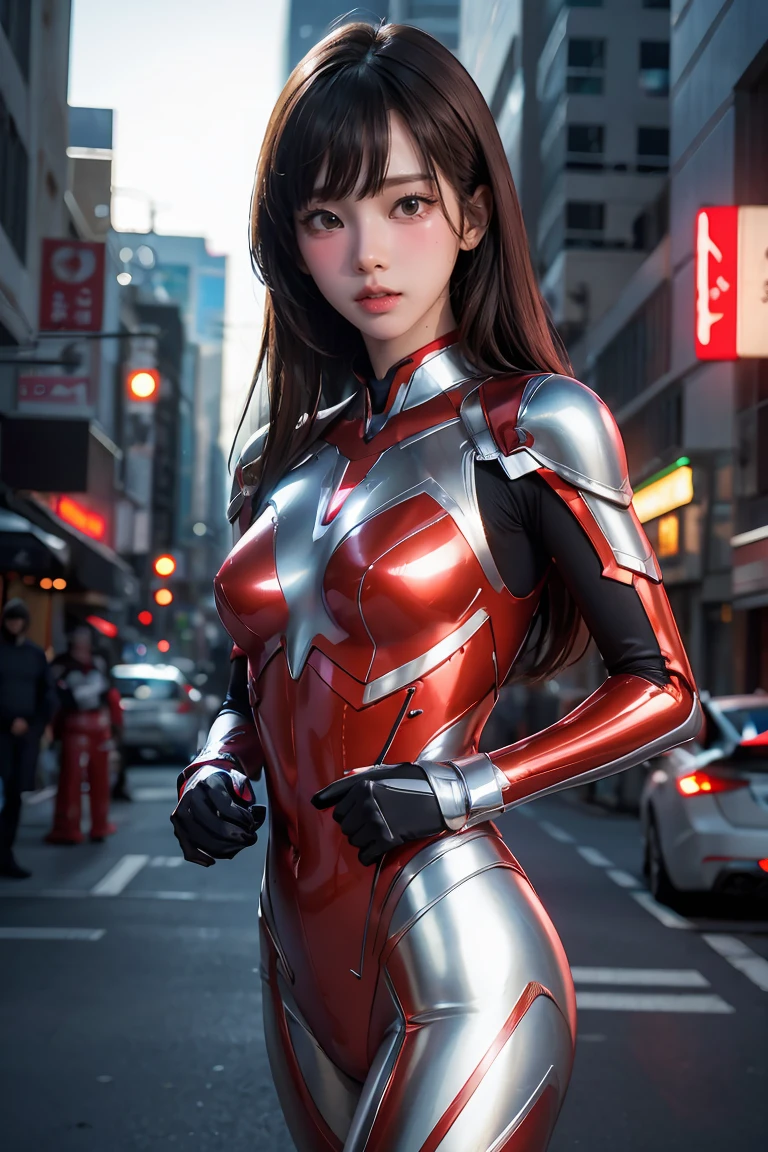 Ultraman、realistic、realistic、cinematic lighting, Girl in a shiny red and silver suit、、professional photos、Don&#39;Do not expose your skin, japanese model, japanese cgi、Ultraman Suit、, Power Rangers Suit、tight and thin cyber suit,Whole body rubbery、There&#39;s pink There、 delicate body, big breasts、small ass、thin thighs、thin arms、thin waist、camel toe、Both sides of the cyber suit stick to the skin、Big eyes、black short hair、facing the front、facing the front立っている、A glowing sphere is embedded in the chest.、Essay Examination、 blue sky background