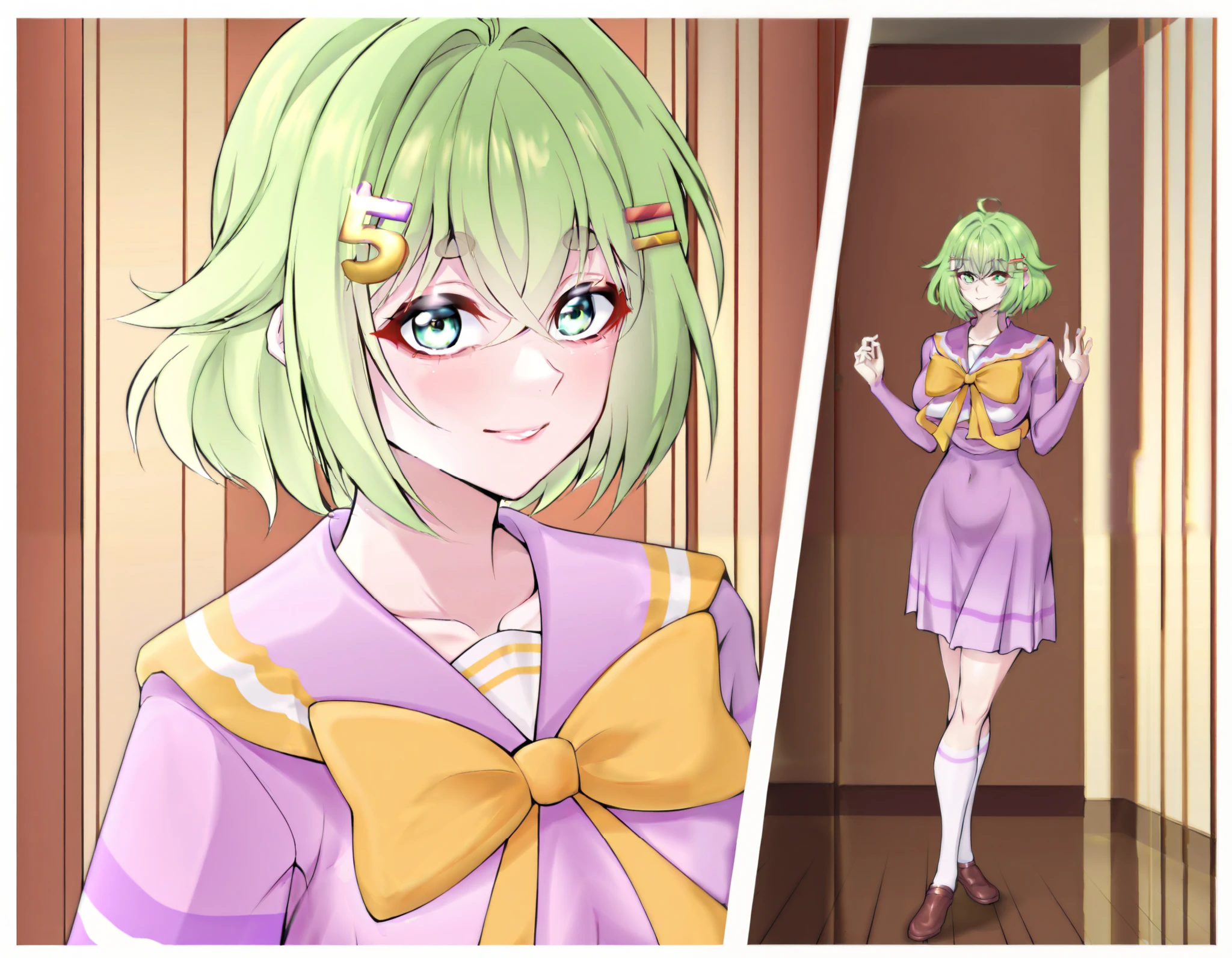 Masterpiece, best quality, high resolution, 1girl ,full body shot, (best quality), (ultra-detailed), (masterpiece, best quality:1.3), 1female, adult, Masterpiece, Best Quality, hi res,HD, detailed 1girl ,anime, mature female, indoors, smile, age 30 - 40 ,curvy, milf, score_9, score_8_up, score_7_up, 1girl, short green hair, green eyes, purple bow headdress, hair clip, purple and yellow sailor collar, sailor suit, nerdy hairstyle. Green bow girl with crossed bangs. Short hair, close-up, bust, facial close-up, Akimbo, female.laugh,,