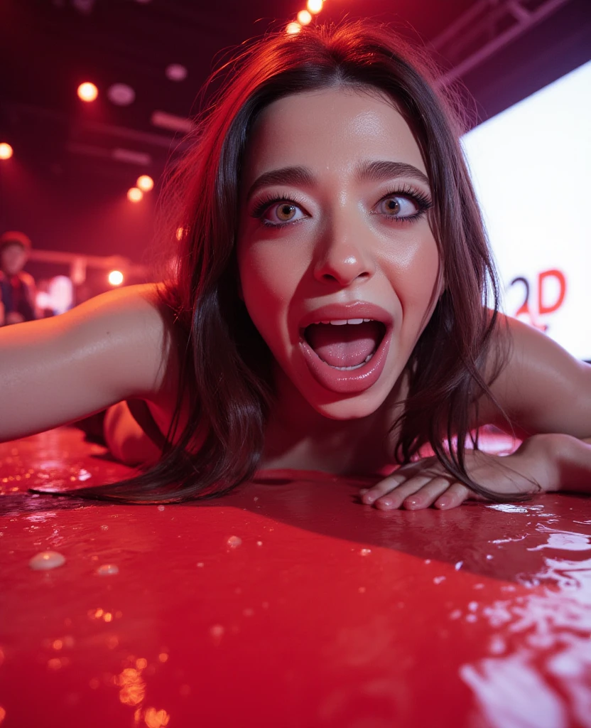 Arafa woman, naked tits,emotional face shot, extreme face contortion, fleshy creature above her mouth, Face Bet, amazing depth, Very excited, Alina Ivanchenko, there's a scary atmosphere behind her, Unbelievable depth, Audience in the background, Maxim Sukharev, so happy, that her face hurts