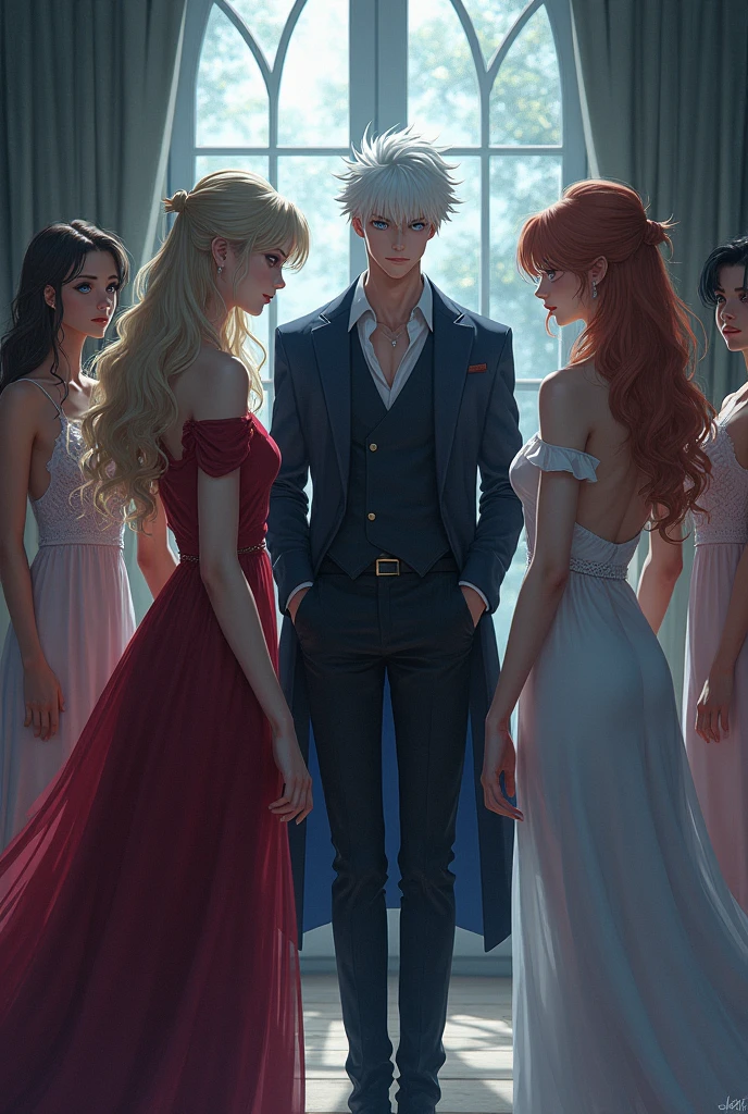 full body teenage woman, long blonde hair with wine red tips, Red eyes con un delineado negro, Red lips, with an elegant dress and next to her a man with spiky ash-blond hair, Red eyes, muscular and in a black suit