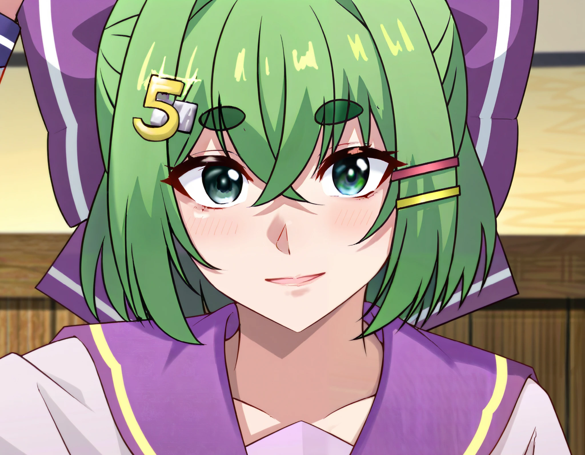 Masterpiece, best quality, high resolution, 1girl ,full body shot, (best quality), (ultra-detailed), (masterpiece, best quality:1.3), 1female, adult, Masterpiece, Best Quality, hi res,HD, detailed 1girl ,anime, mature female, indoors, smile, age 30 - 40 ,curvy, milf, score_9, score_8_up, score_7_up, 1girl, short green hair, green eyes, purple bow headdress, hair clip, purple and yellow sailor collar, sailor suit, nerdy hairstyle. Green bow girl with crossed bangs. Short hair, close-up, bust, facial close-up, Akimbo, female.laugh,,