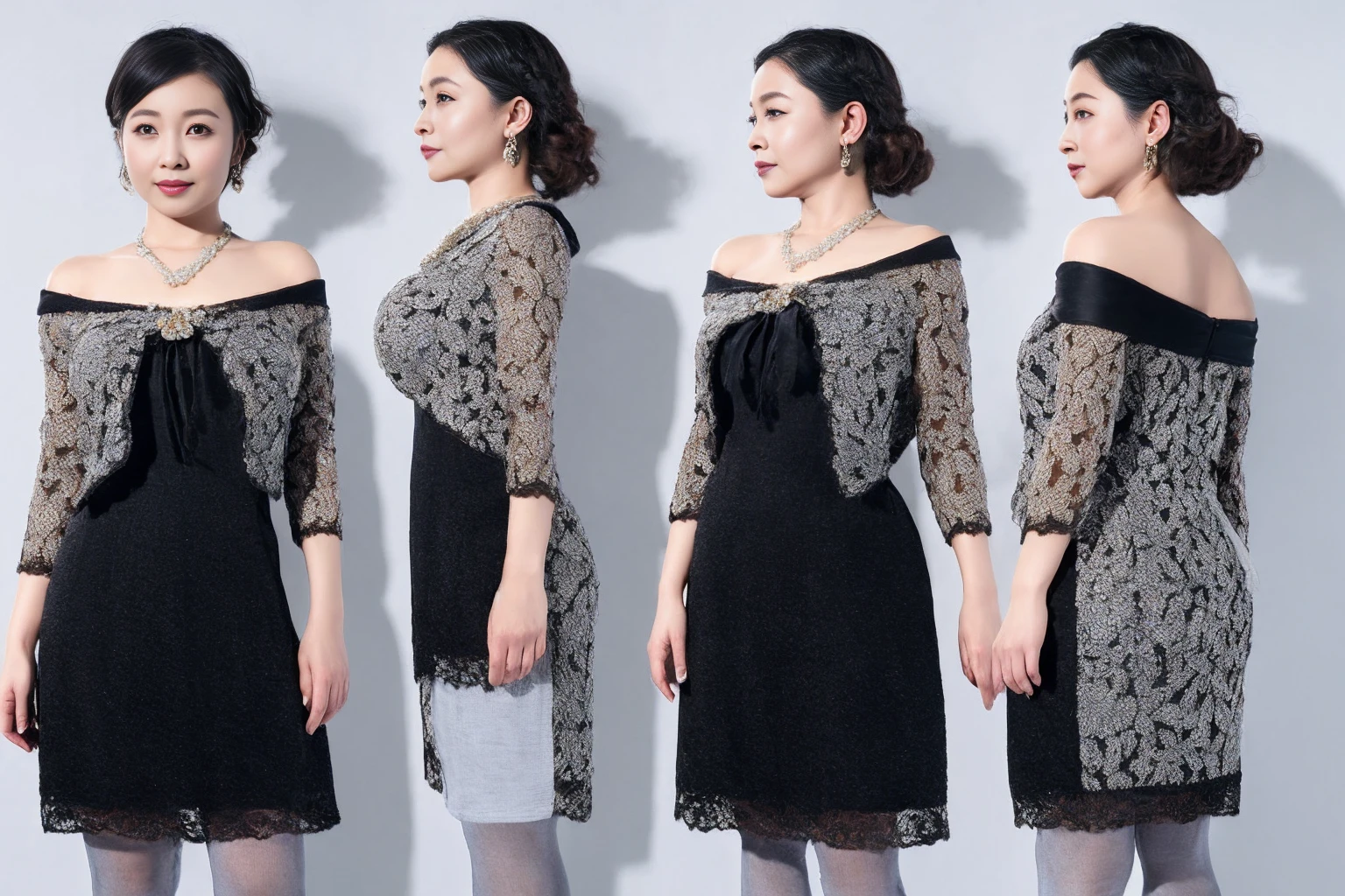 simple black china dress、 Asian taste，  costume 、necklaces,earrings,full makeup, false lashes,off shoulder， jacket，thigh-length stockings、(character design sheet, Front , return, ~ side, same characters), returnground is simple, , , 大人のwoman, thick eyebrows, thin waist,  beautiful black hair,bungs , semi-long, (masterpiece), ((top quality)), (very detailed),woman， (beautiful eyes)), 緻密でbeautiful eyes, Clean and detailed face, , textile shading, perfect ,