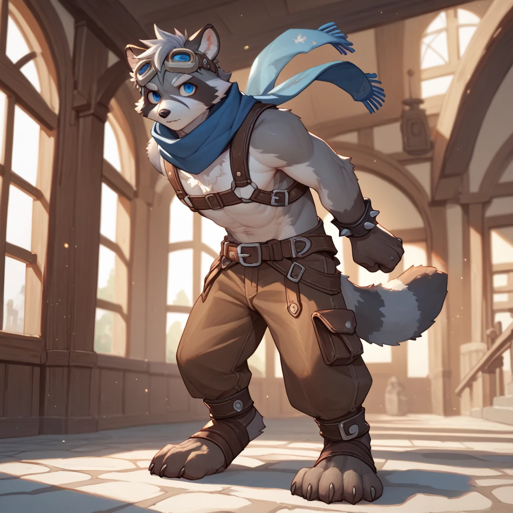 Solo, male, walking at tavern, bulge, by bigcozyorca, by goonie-san, by bebebebebe, by spikedmauler, front view, big buff , wolf tyrannosaurus hybrid, black fur, purple fur, bushy tail, buff, wearing brown fantasy leather armor, tall, masculine, bulge, sexy, playful, joyful expression