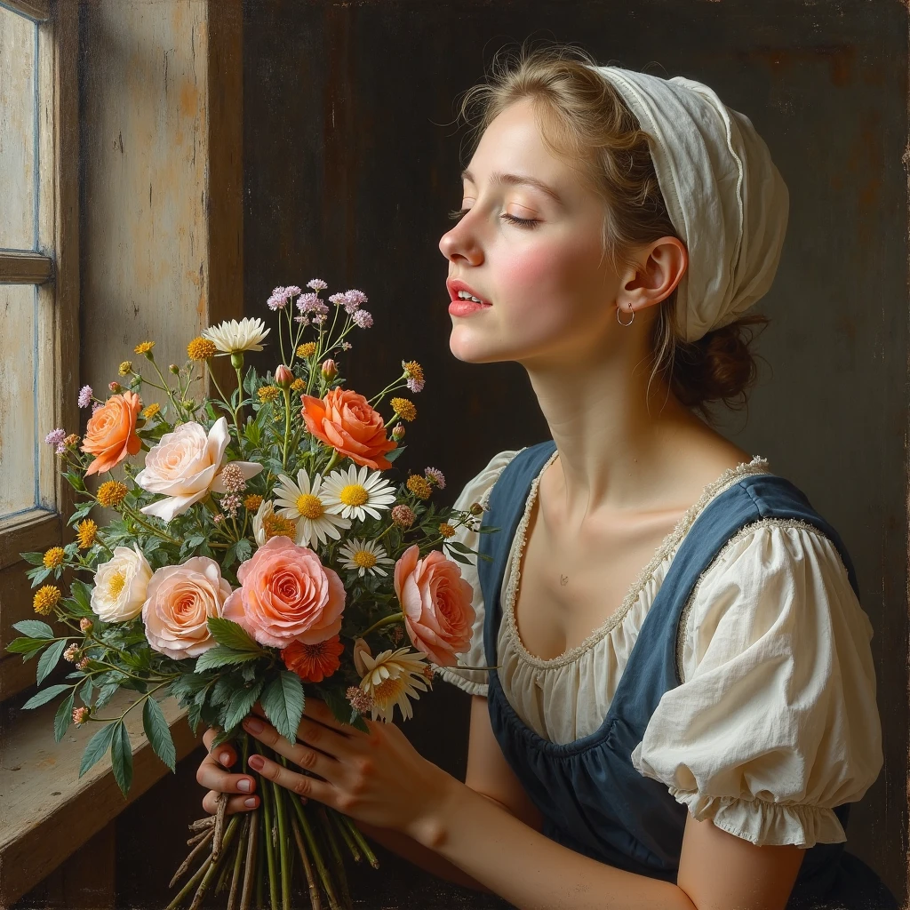 painting, girl sitting in an armchair in a room at a table by the window, nightgown pulled down from one shoulder, bare breasts, mirror and a pitcher of flowers on the table, bed with a folded blanket in the background, Victor Marais Milton, Delphine Enjolras, summer morning, Albert Lynch, Arthur Quartley, art by Emil Eisman - Semenovsky, Philippe de Laszlo, morning, Gaston Bussières, blond braid, Ferdinand Knabe