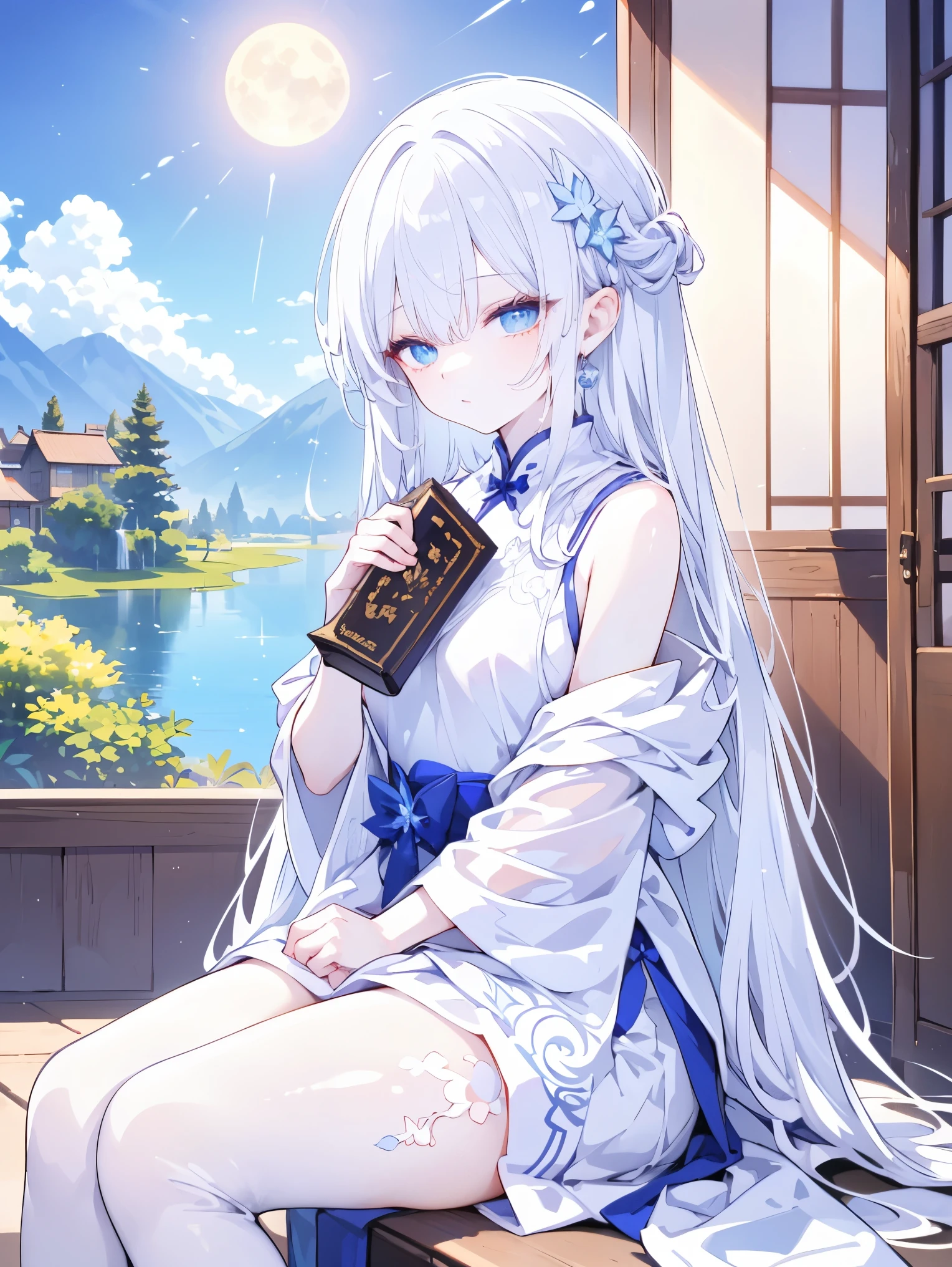 Ancient costume beauties,Fantasy novel beauties,Fantasy novel beauties,This is a high-resolution photograph featuring a young woman with fair skin and long,silvery-white hair,seated by a tranquil lake at dusk. She is dressed in a flowing,white traditional Chinese qipao gown adorned with delicate,sparkling sequins that catch the light,creating a subtle shimmer. The gown is made of a translucent fabric that flows gracefully around her,blending seamlessly with the soft,misty atmosphere. She holds an open book in her hands,engrossed in reading,her expression serene and contemplative.,
The background reveals a serene,ancient Chinese village with traditional wooden buildings,their roofs adorned with ornate eaves,silhouetted against a backdrop of misty,snow-capped mountains. The sky is a deep,twilight blue,dotted with twinkling stars,and the lake's surface reflects the moonlight,creating a dreamy,ethereal ambiance. The scene is bathed in a soft,blue-tinged glow,with warm,golden lights from the village adding a touch of warmth to the otherwise cool,serene atmosphere. The overall mood of the image is tranquil and mystical,capturing a moment of quiet reflection in a picturesque,ancient setting.,