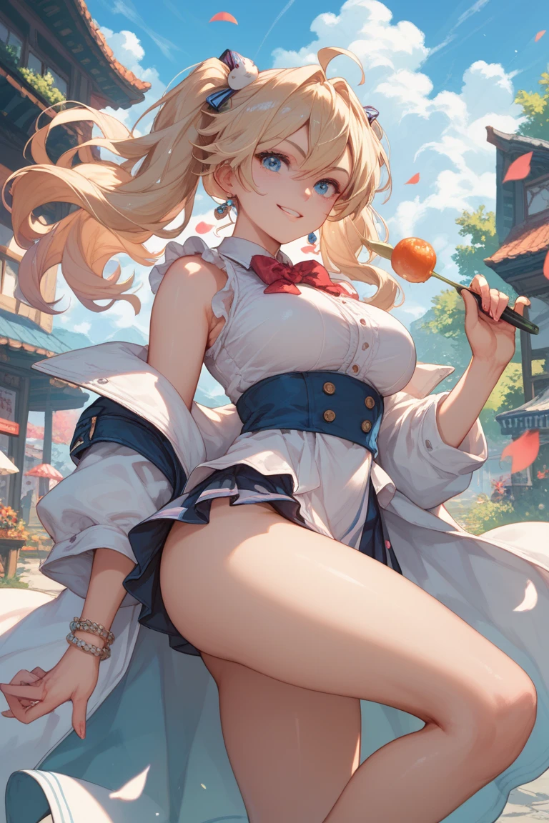 ((masterpiece,best quality)), highres, extremely detailed 8K wallpaper, ｂig boobs, cheerful, greeting, morning, smile, sailor uniform, mini skirt, smiling face, tights, fascinator, braid, sunny, from front,　autumn, sunshine,