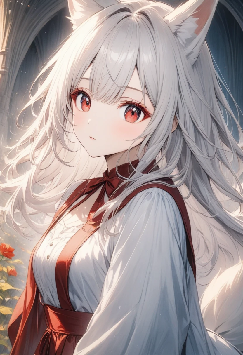 beautiful picture, best quality, a cute girl, Maple나무 숲, pastel colors, Long white hair, red eyes, cute expression, Exposed shoulders, White clothes, embarrassing, White skin, Vigorous, standing, upper body bent,autumn, wind, Put your hands on your knees,, whole body, unfettered, Suggestive poses, Butt back, Upper body forward, Maple, sunlight, dawn,  sunset, red ribbon, fluttering clothes and hair, White fox ears