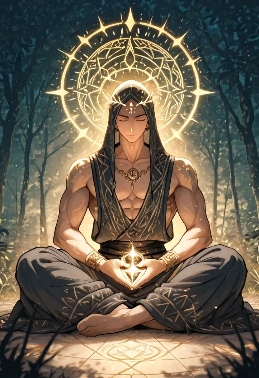 A white-haired man with long hair, tied up with chains, sitting cross-legged on the ground. (Mystical:1.2), (Ancient Chinese mythology:1.3), (Detailed chains:1.2), (Serene expression:1.1), (Glowing energy:1.2), (Spiritual atmosphere:1.1), (Lotus position:1.2), (Subtle light:1.1), (Intricate patterns on the ground:1.2), (Eastern philosophy:1.3).