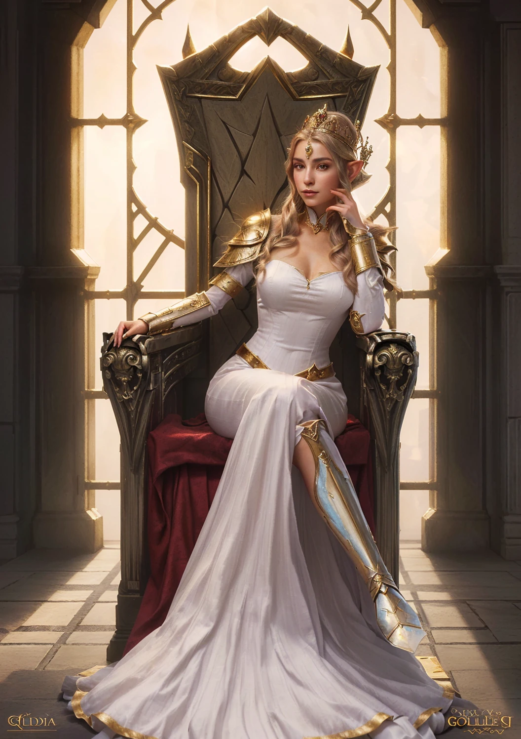 A magnificent Queen sitting on the throne, European, detailed face, intricate dress, ornate throne, luxurious interior, dramatic lighting, cinematic angle, photorealistic, 8k, high resolution, hyper detailed, masterpiece,refiner: woman face