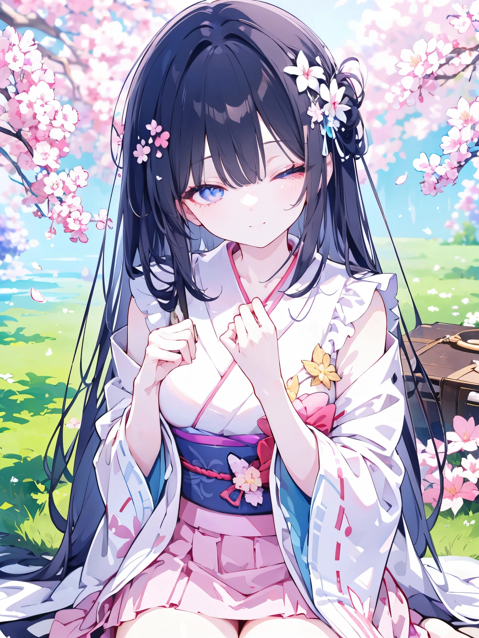 ((best quality)),(ultra-detailed),(8k resolution),[a girl standing under a cherry blossom tree],costume details: gradient pink-white furisode kimono with crane and wave embroidery,hairstyle: long black hair with floral hairpin,expression:closed eyes smiling while looking up,movement: hand raised catching falling petals,environment: dense falling cherry blossoms,moss-covered ancient trunk,lighting: soft morning backlight,Tyndall effect,colors: pastel pink and indigo contrast,style: Ghibli-style watercolor background,Makoto Shinkai lighting effects,enhancements: semi-transparent petal texture,hair gloss,cloth folds detail,