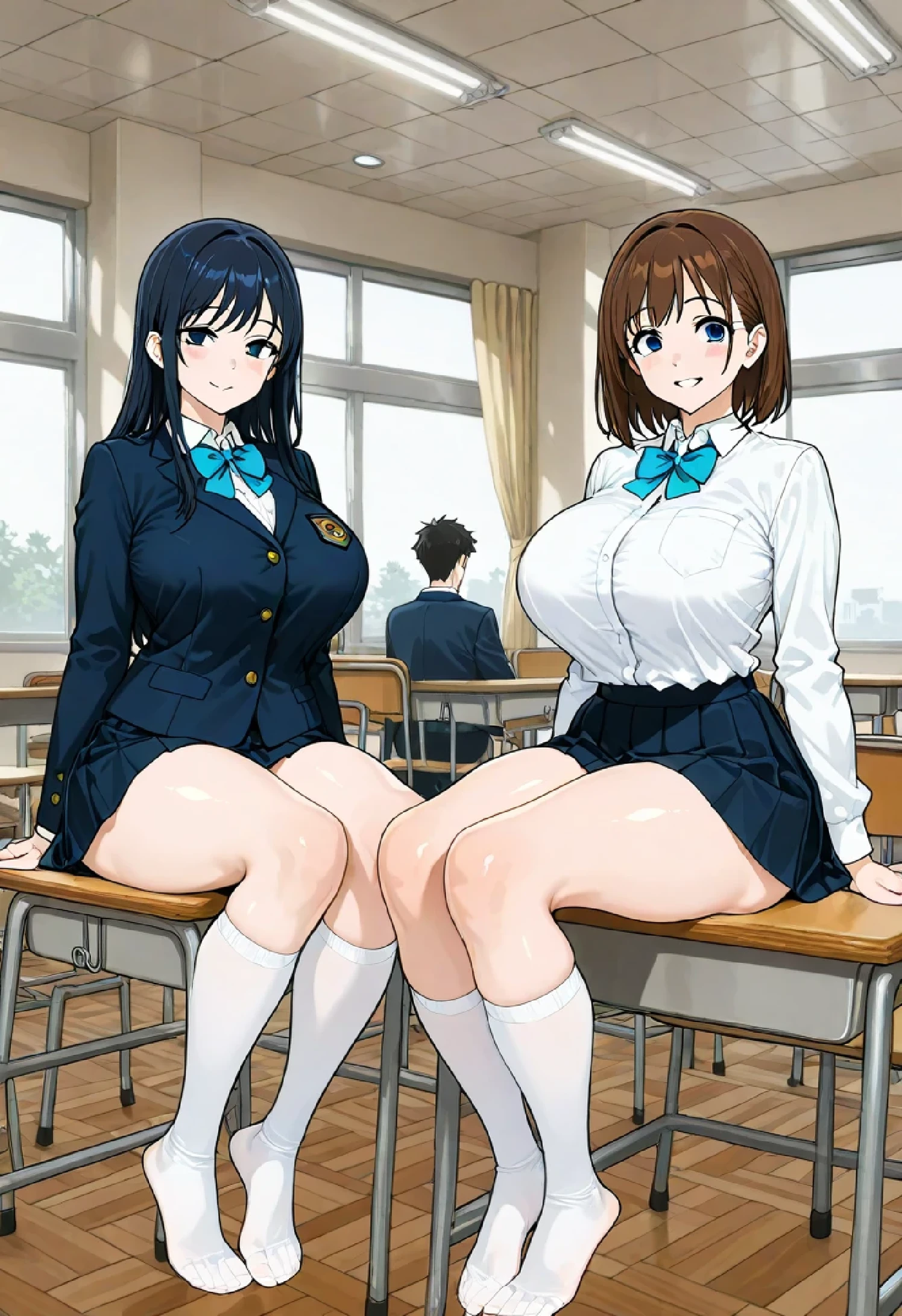 Detailed Background, super detailed eyes, Viewers with big breasts, viewers, There are 2 people walking down the street with their feet on skateboards, is wearing a skirt and high socks, large thighs, bare thighs, detailed feet looming over you, thick legs, I can see your feet, is wearing a skirt, two girls sitting at a table wearing Japanese girls' high school uniforms, Human foot, Bent knees, wearing a skirt, detailed feet, thighs