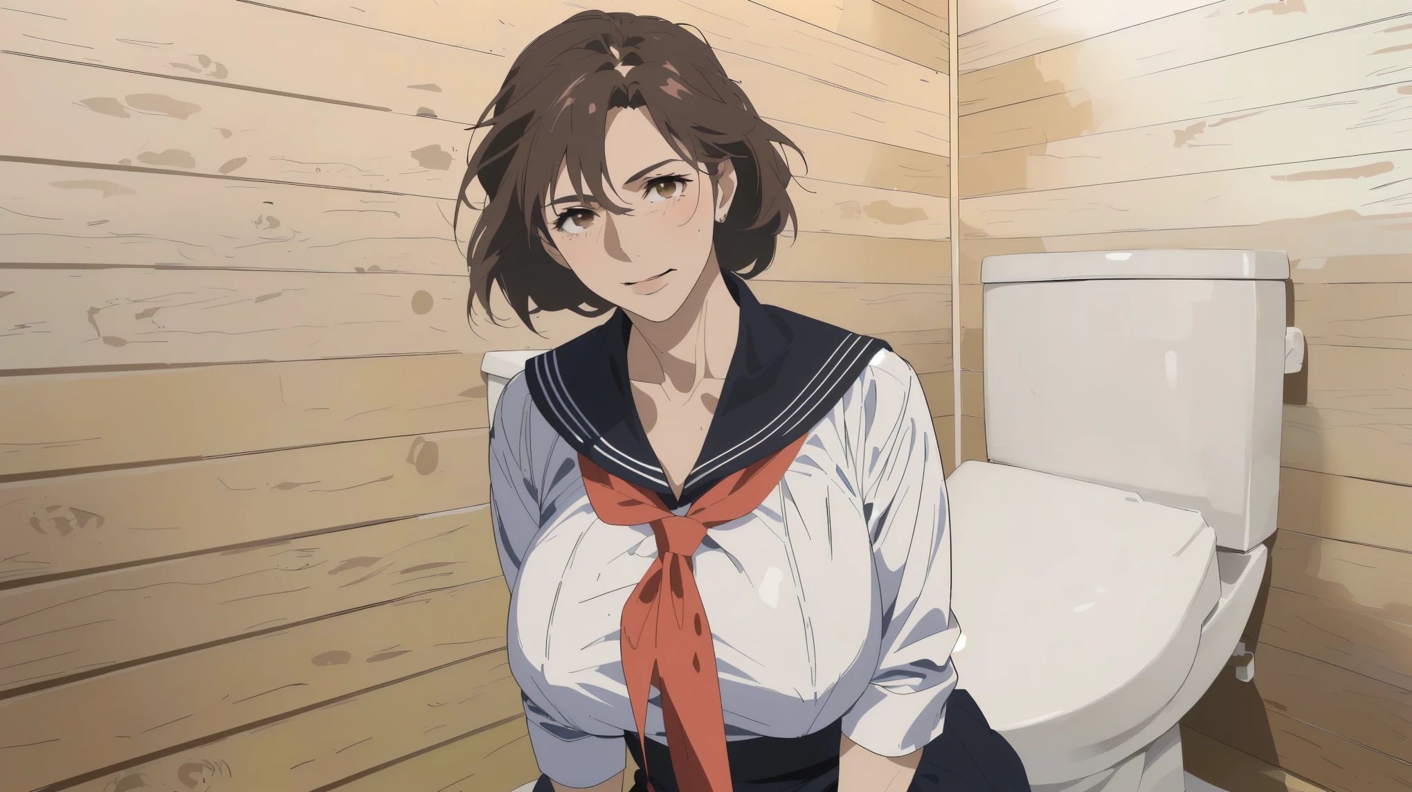 best quality, mature mom, Quiet mature Mom , ((( Small Wrinkles Around His Eyes and Mouth :1.2)))、detailed face, brown hair, Mesh Bang Hairstyle, brown eyes, Big Breasts, shy and embarrassed mature mom, (mature mom in tight and white sailor suit:1.3) ,(red scarf with black nose:1.4)、 there is toilet with wood walls ,(Simple Western-style whight toilet.Move to the right edge of the screen:1.2), realistic high school mature mom , female protagonist 👀 :8, Bewitching Anime mature mom , Makoto Shinkai ( Apex Legends ), Fine details, a hyper realistic high school mature mom , charming anime mature mom