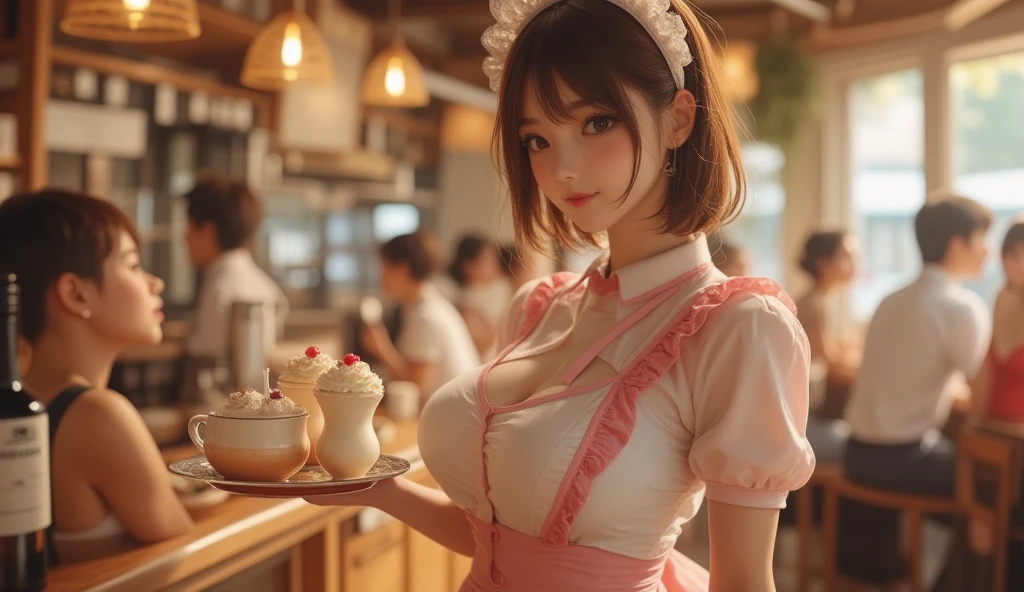 ((tray under chest))，unparalleled beauty，Beautiful woman,japanese idol,((publish one&#39;chest of))，((I can see your nipples))，Kamimei，surrealism, f/1.2, fujifilm, 35mm, 8k, Super detailed, nffsw,beautiful skin, high quality, 最high quality, hard disk,Hotel,shortcut,thin,big breasts,20-year-old,leather collar,Only the chest is on the tray,((apron)),((Hold the tray by placing your chest on it.)),