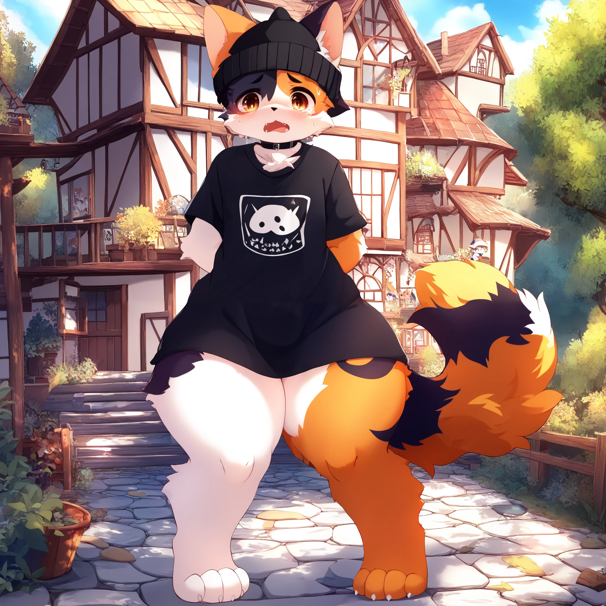 (1boy,) calico cat furry, anthropomorphic calico cat, (torso length black shirt:1.4), beanie, (no pants:1.2), (kemono:1.3), full body, house, (no shoes:1.1), digitigrade, best quality, highres, 4k, 8k, 16k masterpiece, (solo:1.25), (large thighs:1.3), large fluffy tail, (front facing:1.2), standing, embarrassed expression, open mouth