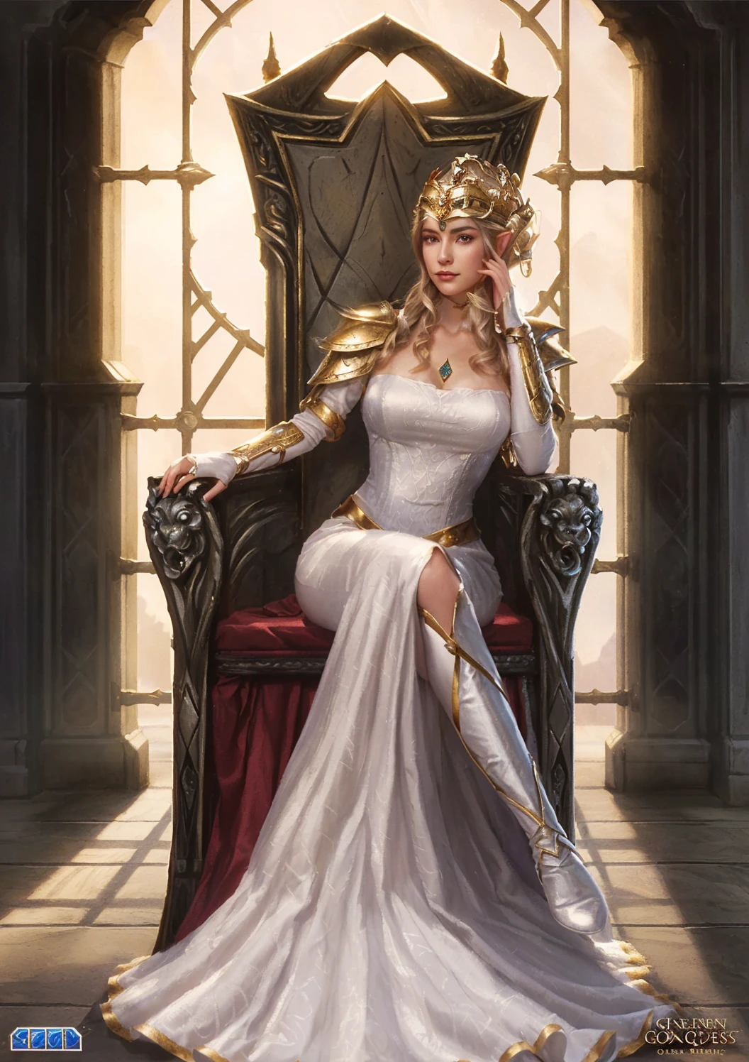 "A graceful portrait of Princess Zelda from The Legend of Zelda, focusing on her full upper body as she stands elegantly. Zelda is dressed in her royal attire, a flowing gown that is adorned with intricate golden patterns and symbols of the Triforce. Her long, blonde hair is styled in soft waves, with a delicate tiara resting atop her head, symbolizing her status as the princess of Hyrule. She stands with poise, her posture straight and regal, her hands gently resting in front of her. Her expression is calm and serene, yet her violet eyes convey a sense of wisdom and quiet strength. The soft glow of the surroundings enhances her ethereal presence, making her appear almost otherworldly, a true embodiment of grace and power."