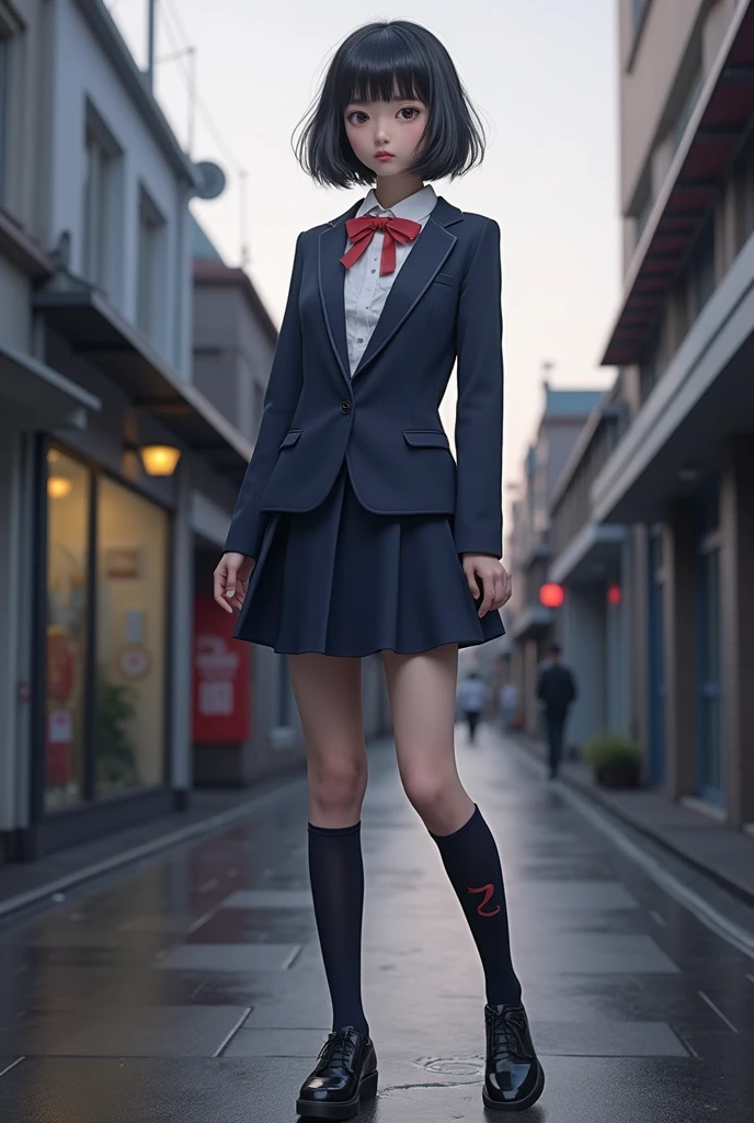 A beautiful young fashion model, 12 years old, full body, wearing a Latest fashion school uniform, comically jumping and walking down the runway, outdoor, audience, detailed face, large eyes, long eyelashes, beautiful lips, intricate hairstyle, (best quality,4k,8k,highres,masterpiece:1.2),ultra-detailed,(realistic,photorealistic,photo-realistic:1.37),vibrant colors, dynamic lighting, cinematic composition, fashion photography, whimsical, playful