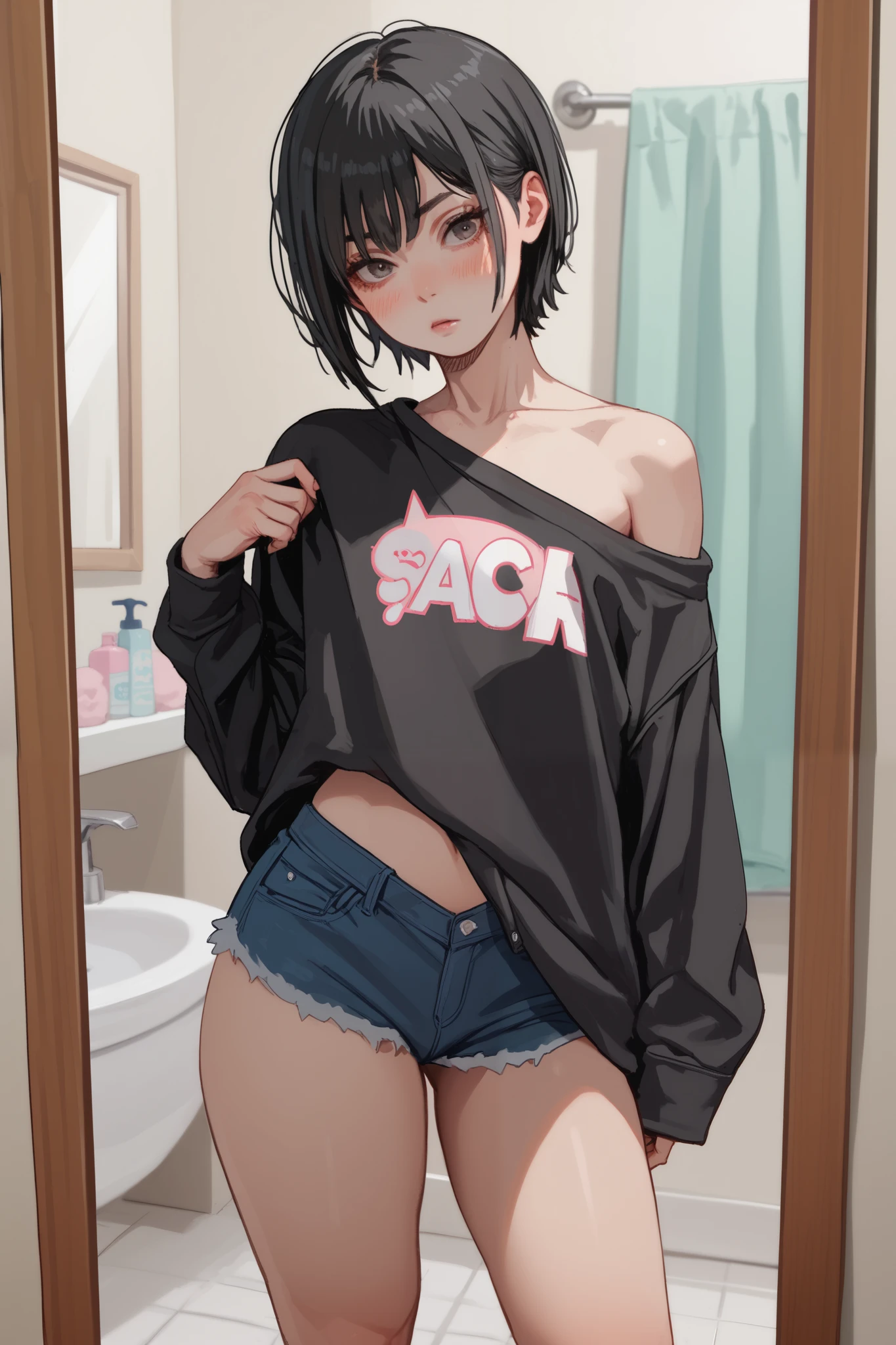 1 boy, femboy, short black hair, pale skin, flat chest, thick thighs, black oversized sweatshirt, short denim shorts, blush lines, bathroom mirror 