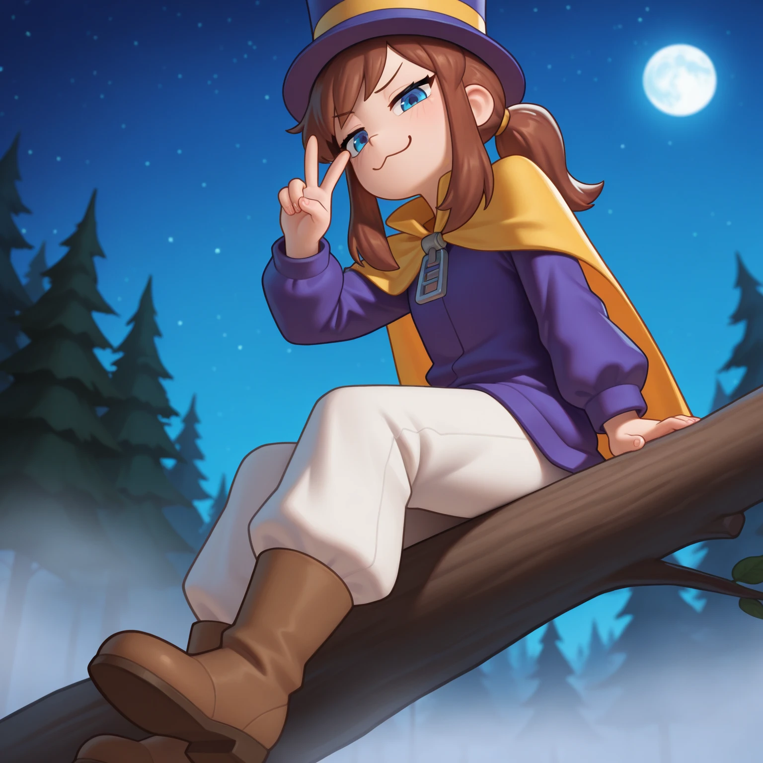 masterpiece,best quality,absurdres,highres,1girl,solo,ccgirl,brown hair,sidelocks,short ponytail,blue eyes,
purple top hat,purple jacket,yellow cape,zipper pull tab,white pants,brown footwear,
from below,looking at viewer,smug,:3,hand up,v,arm support,sitting,on tree trunk,fingernails,
forest,night sky,moon,star \(sky\),fog,