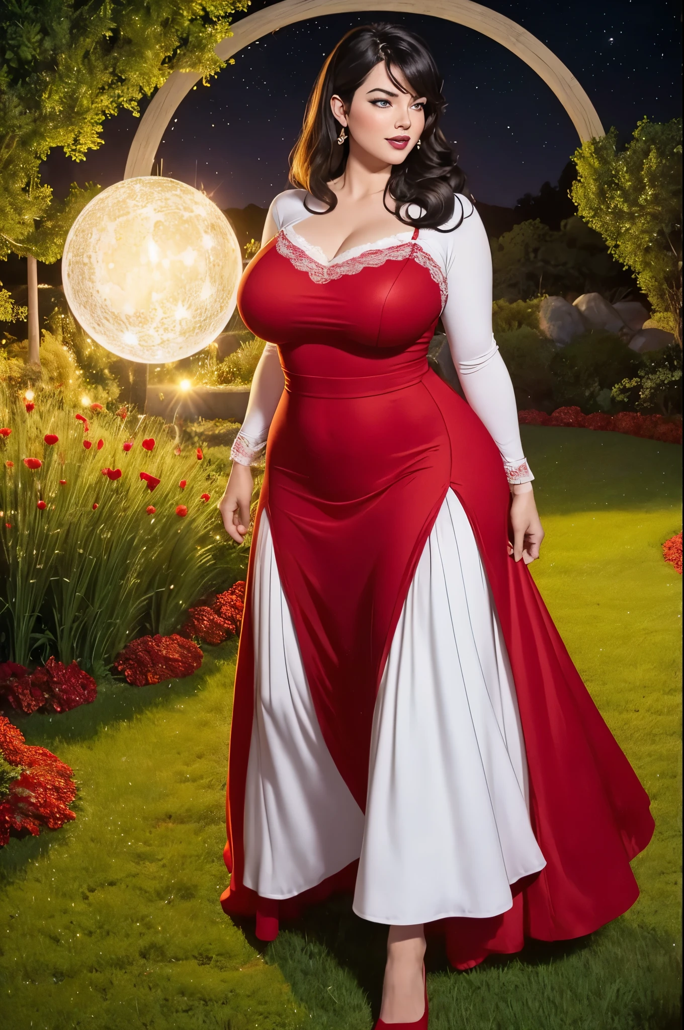 donnatroy, DisneyAurora, Beautiful woman, Kate Upton, 47 years old, (((long wavy black hair, hair pulled back with bangs))) defined body, sexy, Red lipstick, hands free swinging , mouth slightly open, smiling, parading towards viewer,((( shining, sparkling, long sleeve, red long dress with white lace trim))), (((moonlit grassy field at night))), (large_breasts:1.2) (curvy:1.2) (Chubby:0.7)