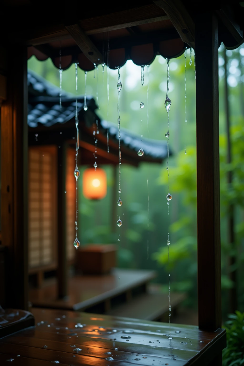 Create a cinematic, macro-photography image of rain droplets falling from the curved, ornate roof of a Japanese ryokan nestled in a misty bamboo forest. The focus is on the individual droplets, suspended in mid-air, each reflecting an upside-down world within—tiny, distorted images of the lush green bamboo, the wooden eaves, and the warm glow of paper lanterns inside the ryokan.

The roof’s aged ceramic tiles, glistening with moisture, contrast against the soft blur of the misty forest in the background. Some droplets stretch into thin, glistening threads before breaking free, while others collide midair, creating tiny splashes and ripples on a wooden deck below.

The depth of field is razor-thin, isolating the rain droplets in crystal-clear sharpness, while the background fades into a dreamlike blur of deep greens and warm ambient light. The interplay of light, water, and reflection creates an almost surreal moment, capturing the delicate beauty of nature in perfect detail.