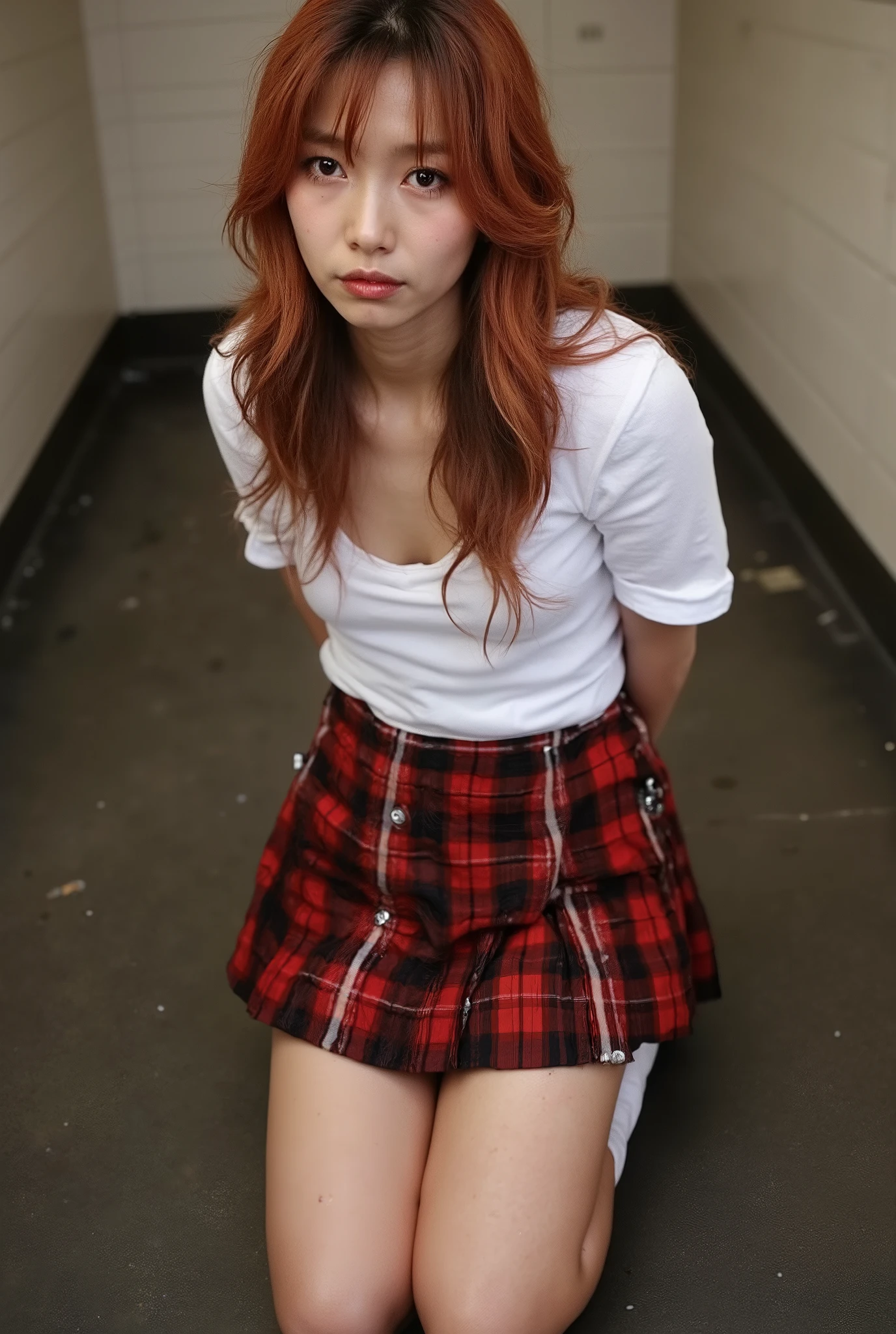 (((From a straight above, birds-eye perspective:1.5))), (((portrait1.3))),(((close up face:1.5))), beautiful asian Southeast girl with hands tied behind his back, [Coral:0.65] brown wavy long hair, 1girl,"clothed:1.3","white thin shirts and Red plaid miniskirt:1.3", ((extreme tanned latina white skin:1.2)),((flat chest, flat chested, slender body, very sweaty body)), ((open toe high heels:1.2)), (((mascara tears))), ultra detailed face, ((knelt on the bathroom floor, pissing, piss, peeing, urination)), "her eyes gazing up toward the camera","diry public toilet:1.3", (((looking at viewer:1.1))), with a ugly face, ((skin spots, acnes, skin blemishes, ultra detailed mate skin, ultra detailed pores)),(((wet hair))), (((wet face))), ((ecstasy)), ((embarrassed:1.1, blush)), orgasm face, O-face, (((spitting))). ((Focus on face:1.2)), shallow depth of field, highly detailed, high budget, bokeh, moody, epic, gorgeous, masterpiece, 8k, ultra-high resolution