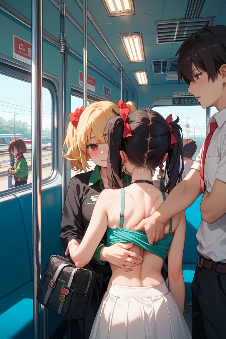 (​masterpiece、top-quality)、Green Twin Tail、Elven ears、Red Eyes、small tits、Girl blushing、A man grabs my chest from behind、The place is a crowded train、Inside a crowded train、Girl surrounded by guys、Being touched、Girl being touched by multiple men、Girl being kissed by a guy、Girl being touched by a man、Girl being touched by a man、Girl touched by a man、Girl being touched in the crotch by a man、A girl who is about to be stripped of her clothes by a man、tense look、Man leaning in close、deep kissing