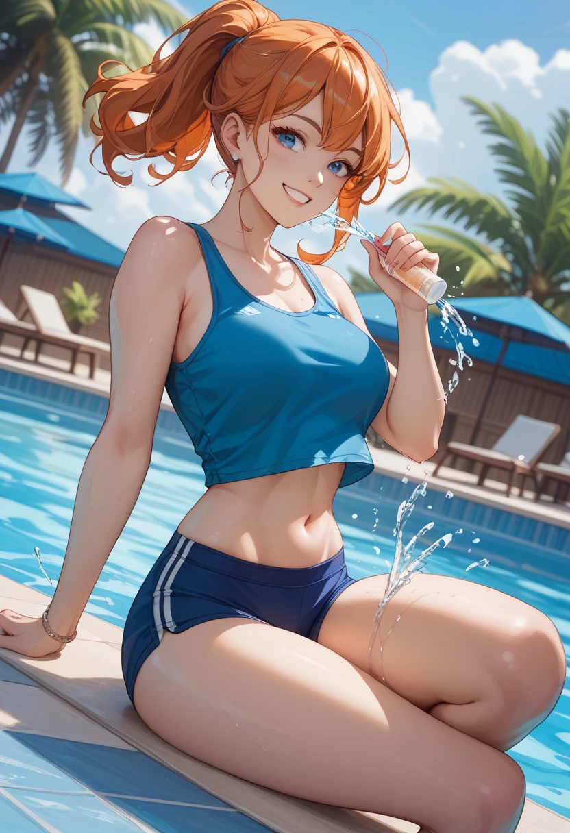 Highest quality,Highest Resolution,Several beautiful girls in brightly colored leotards and swimsuits with crying faces,Poolside at the competition pool,Very beautiful eyes,(((Drinking a bottle of drink))),Sweat profusely,Tears,(((Open your mouth wide and drool)))whole body,Super High Leg,Standing posture,