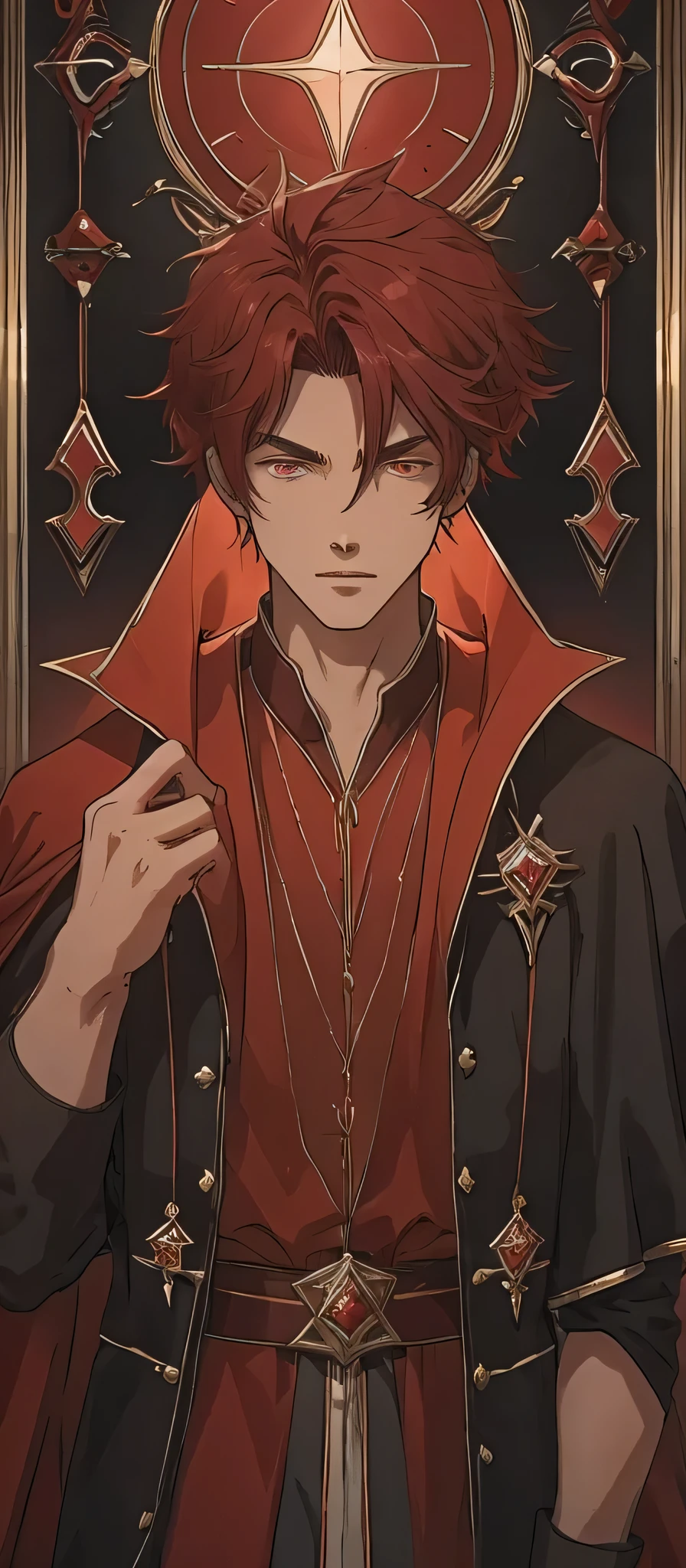 create a young adult male wizard of about 18 years of age, with short, straight red hair and red eyes, with a happy look, wearing dark red clothes and a dark red cape